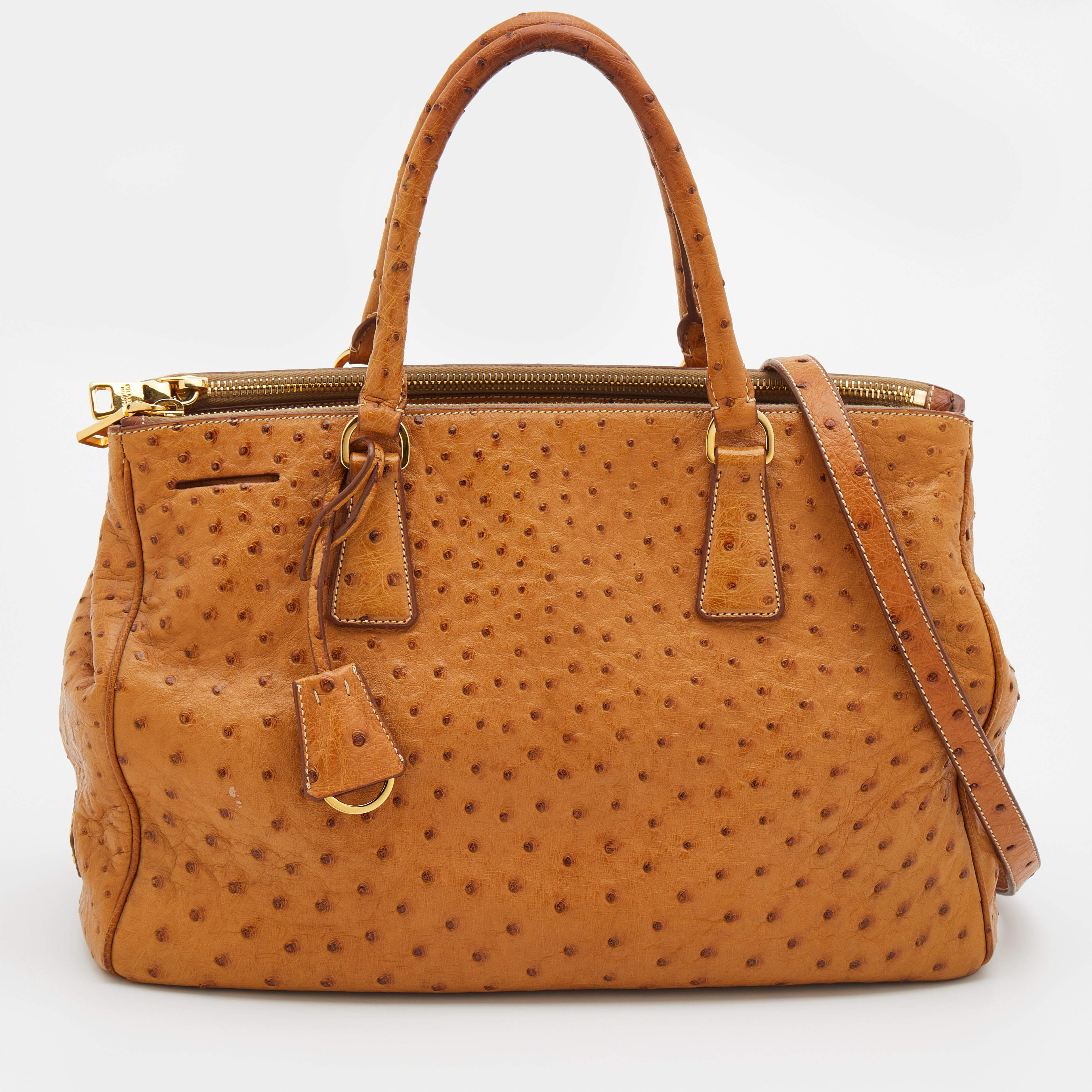 Pre Owned Prada Tan Ostrich Double Zip Tote