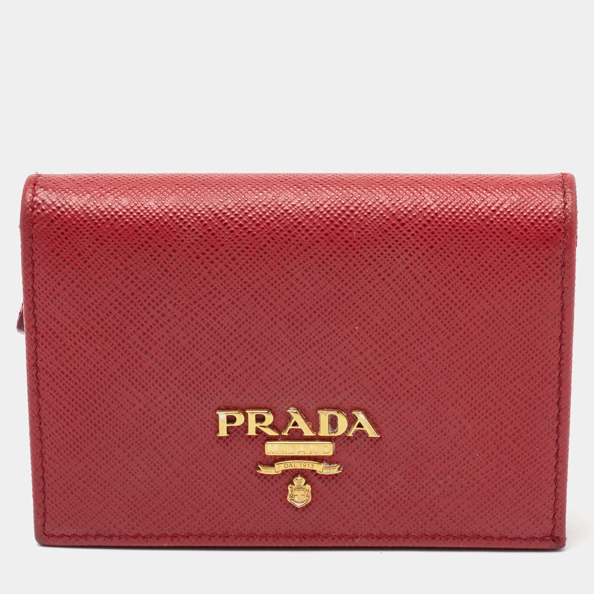 Pre Owned Prada Red Saffiano Leather Compact Wallet