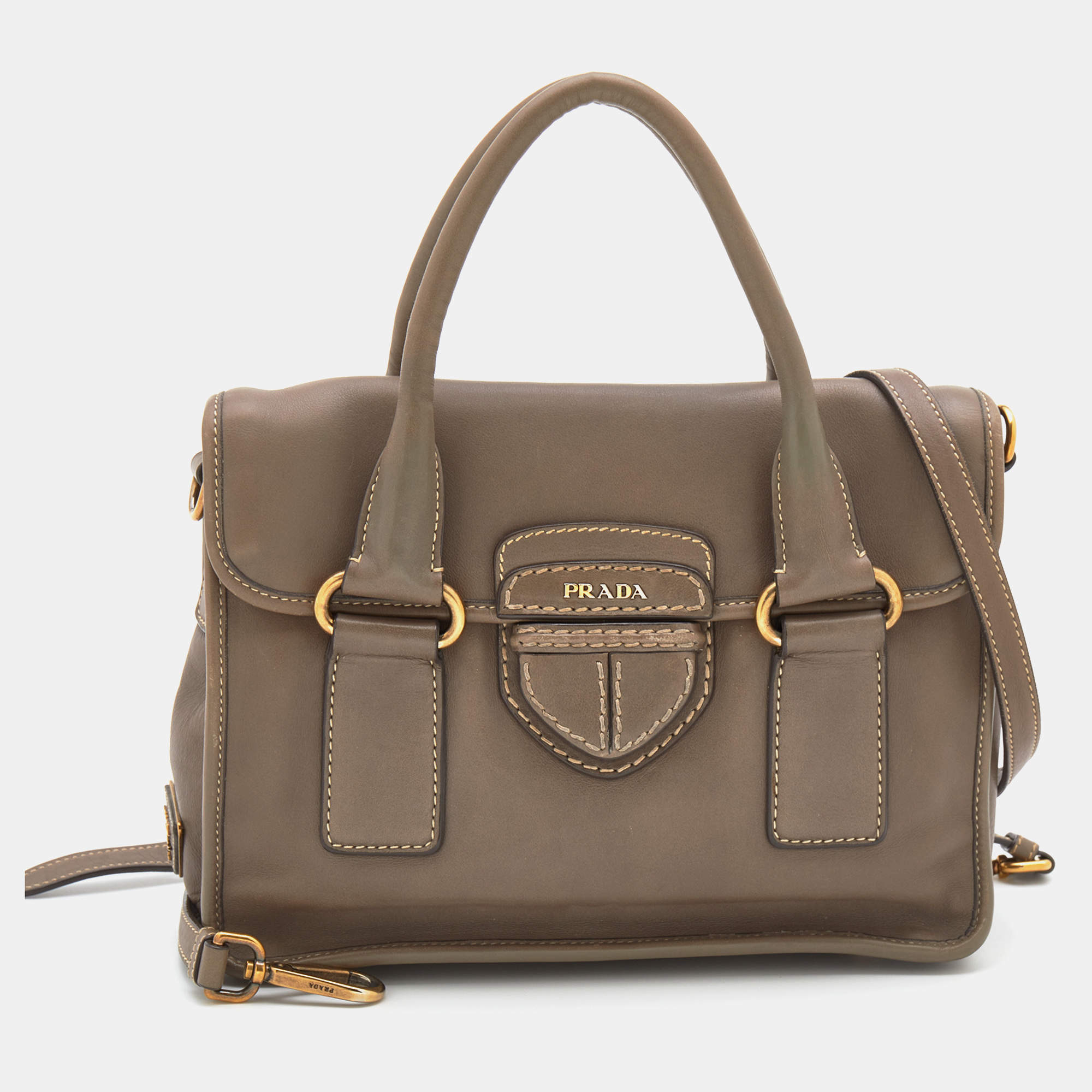 Pre Owned Prada Taupe Grey Leather Tote