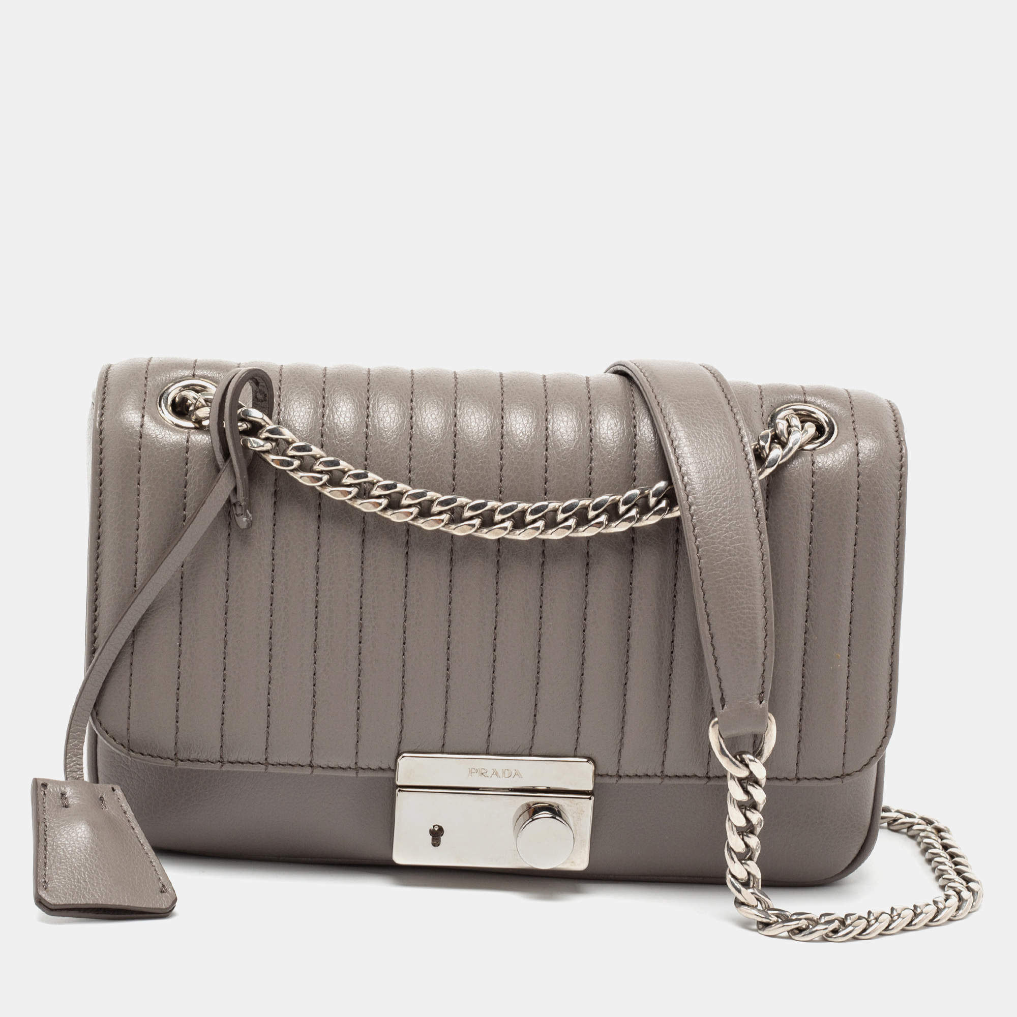 Pre Owned Prada Grey Vertical Quilted Leather Medium Flap Shoulder Bag