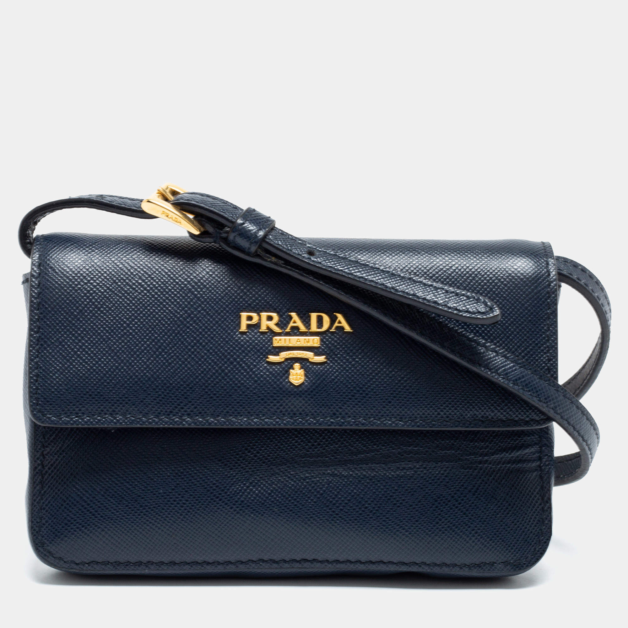 Prada Saffiano Wallet On Strap - Blue Crossbody Bags, Handbags