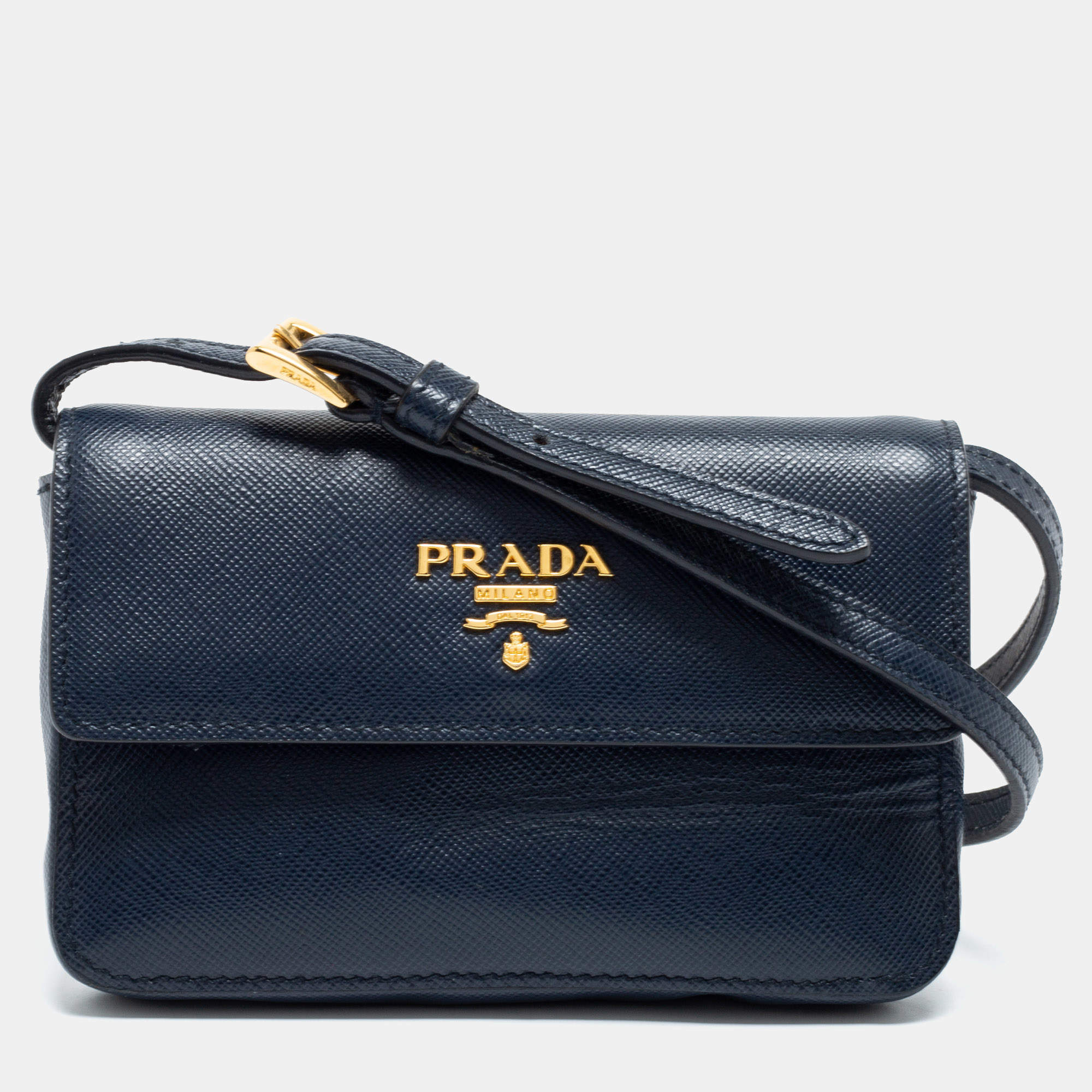 Pre Owned Prada Blue Saffiano Leather Wallet On Strap