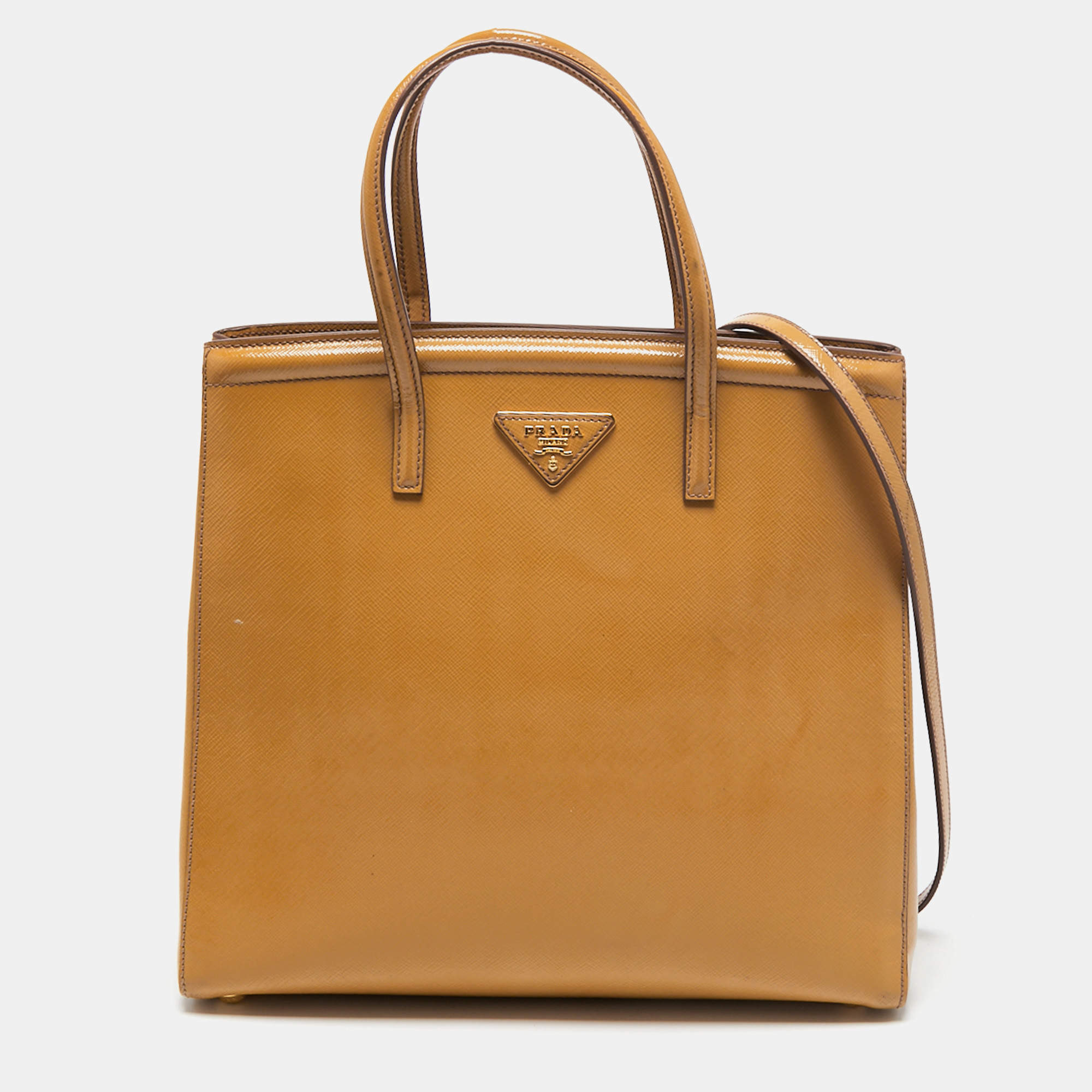 Pre Owned Prada Yellow Saffiano Lux Leather Parabole Tote