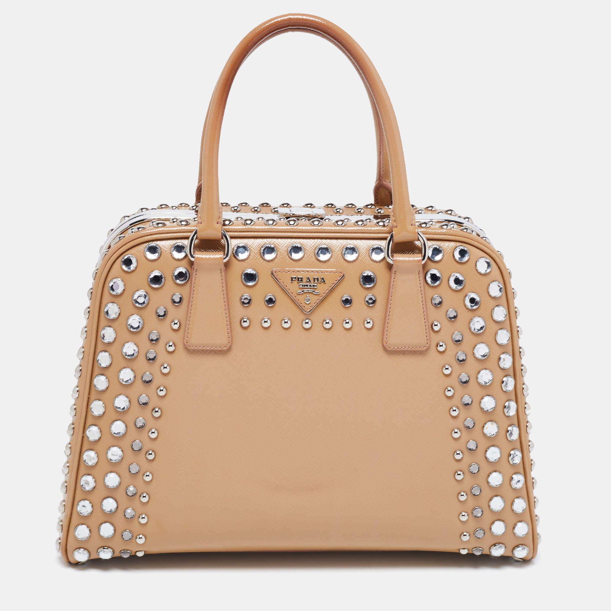 Pre Owned Prada Beige Saffiano Patent Leather Studded Pyramid Frame Satchel