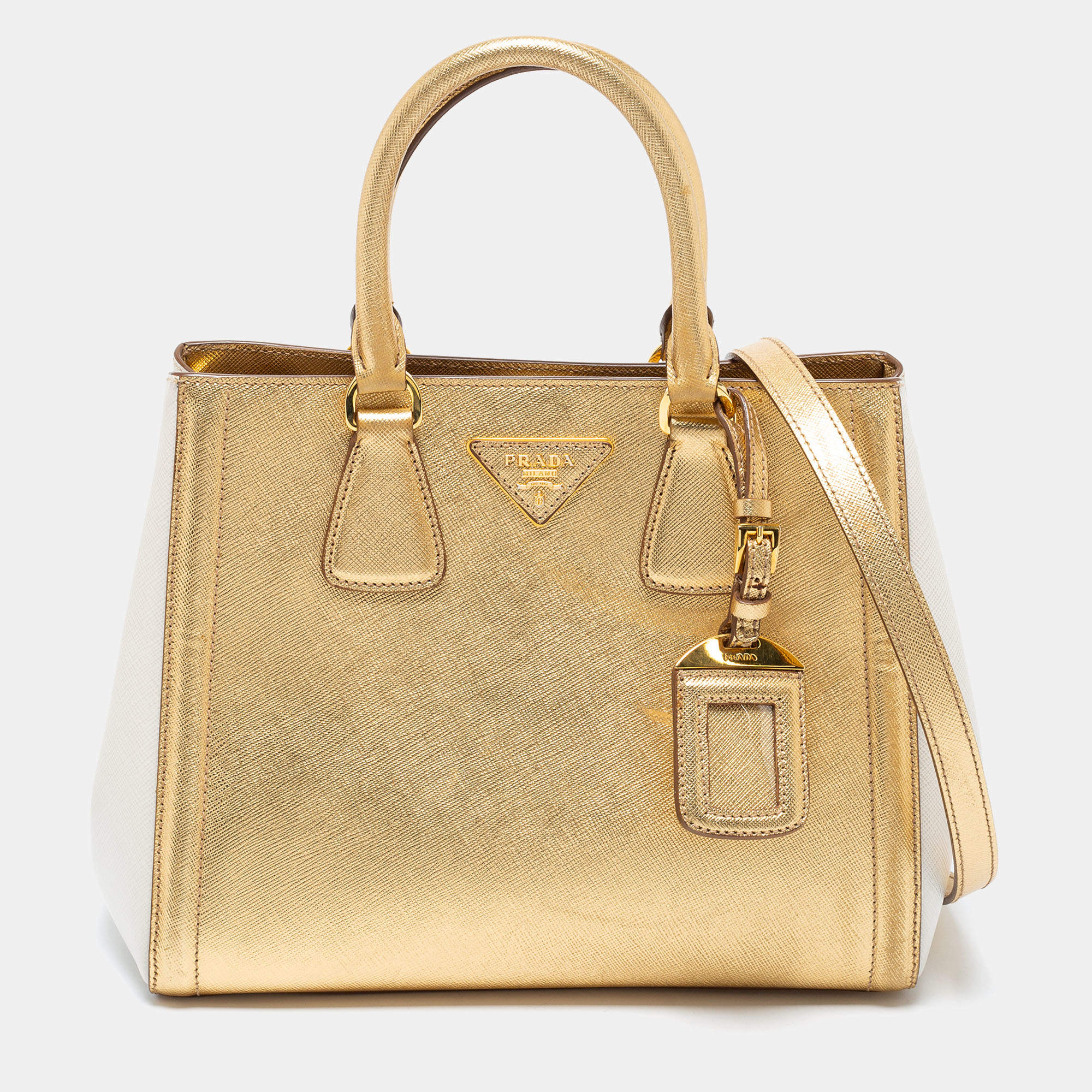 Pre Owned Prada Gold/White Saffiano Lux Leather Small Tote