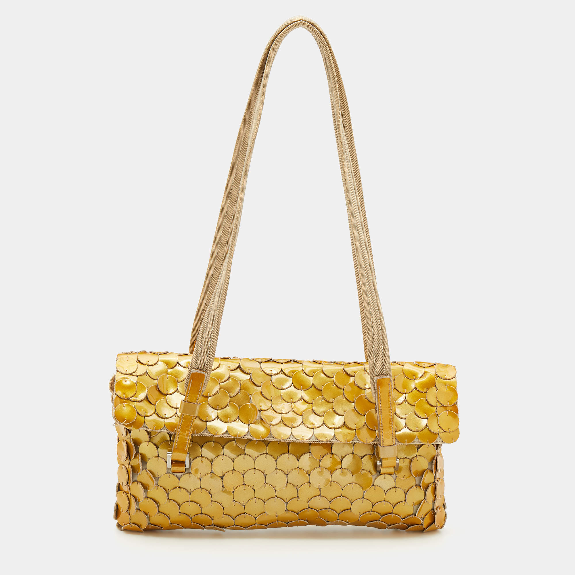 Pre Owned Prada Gold Patent Paillet Leather Shoulder Bag