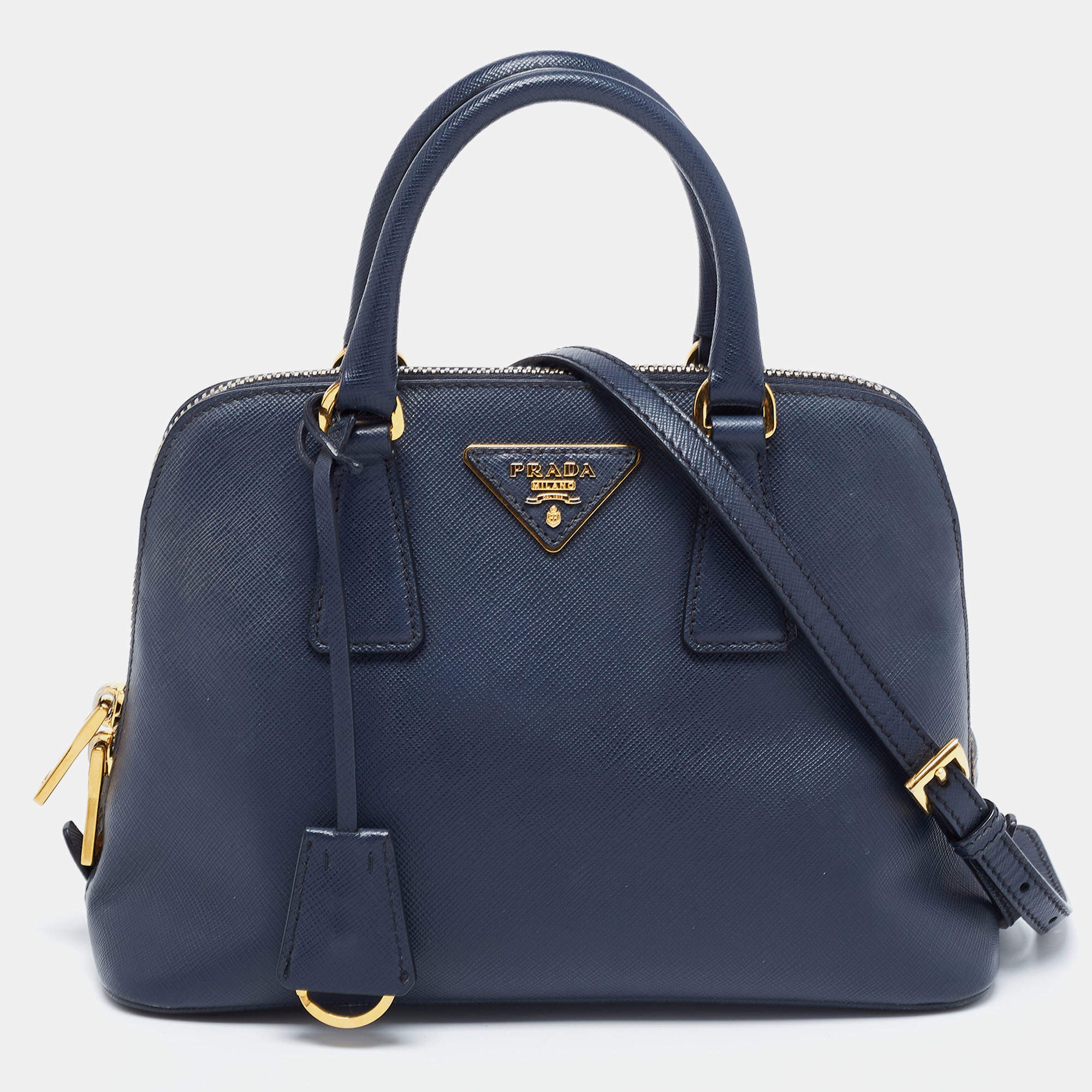 Pre Owned Prada Dark Blue Saffiano Lux Leather Small Promenade Satchel