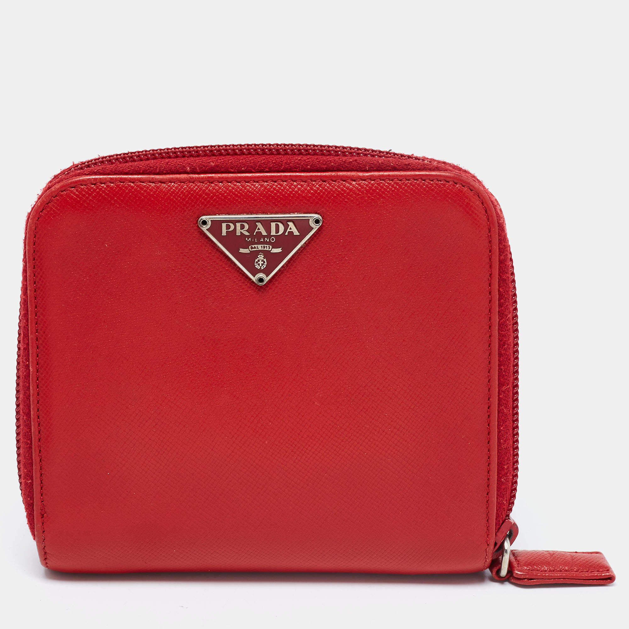 Pre Owned Prada Red Saffiano Leather Zip Around Compact Wallet