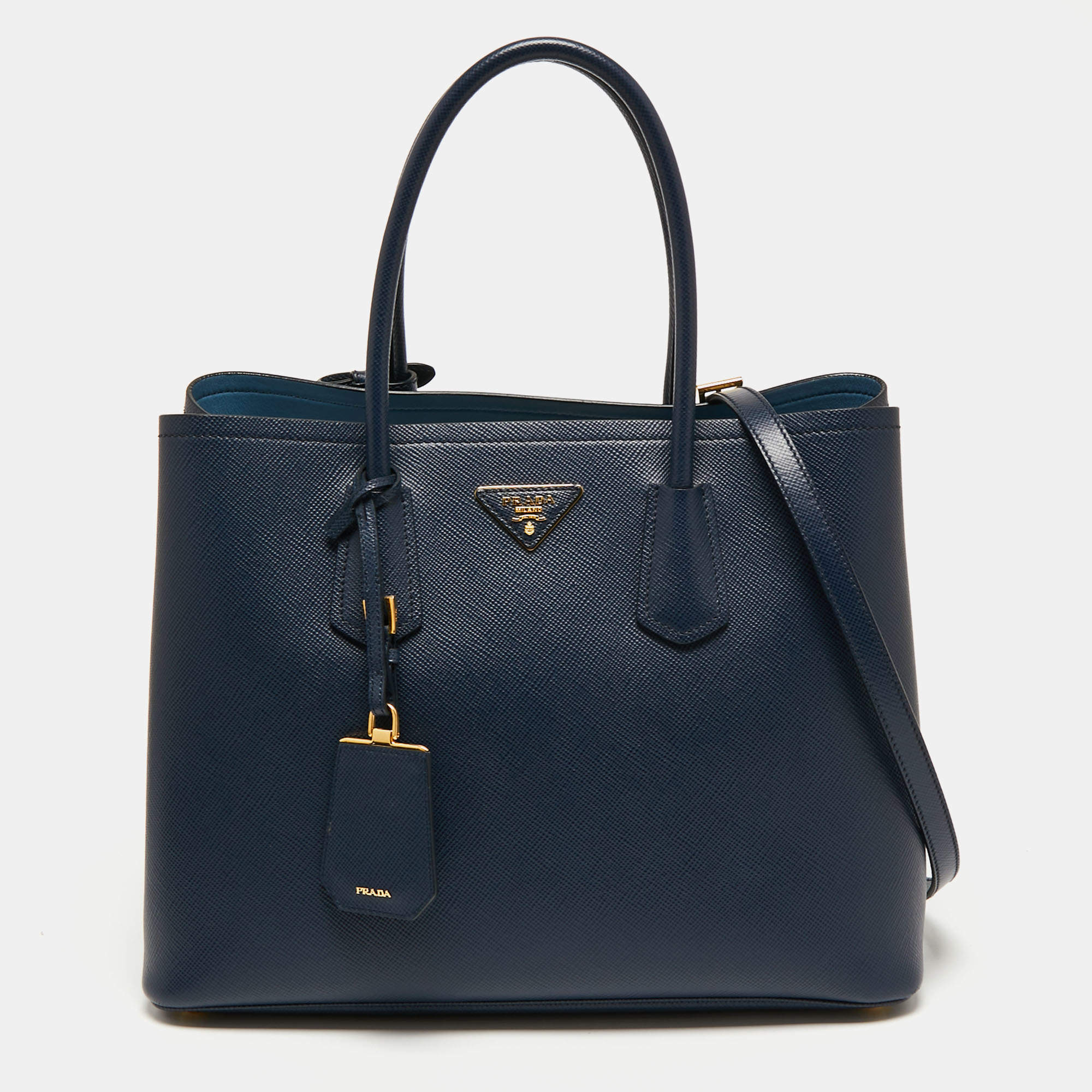 Pre Owned Prada Dark Blue Saffiano Leather Double Tote Bag
