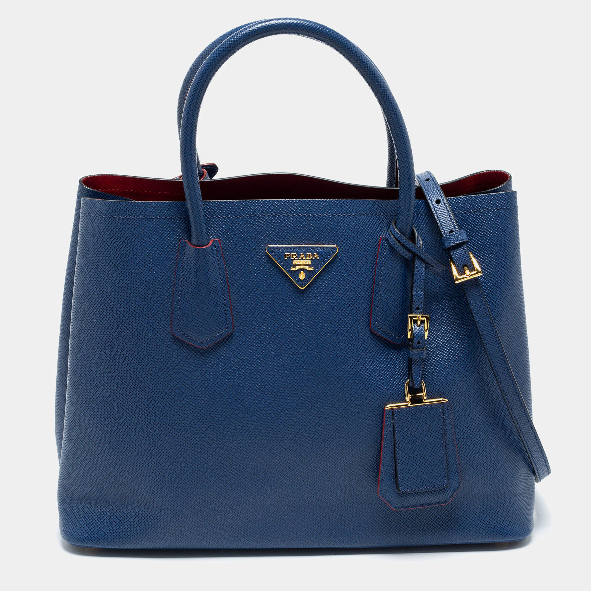 Pre Owned Prada Blue Saffiano Cuir Leather Medium Double Handle Tote