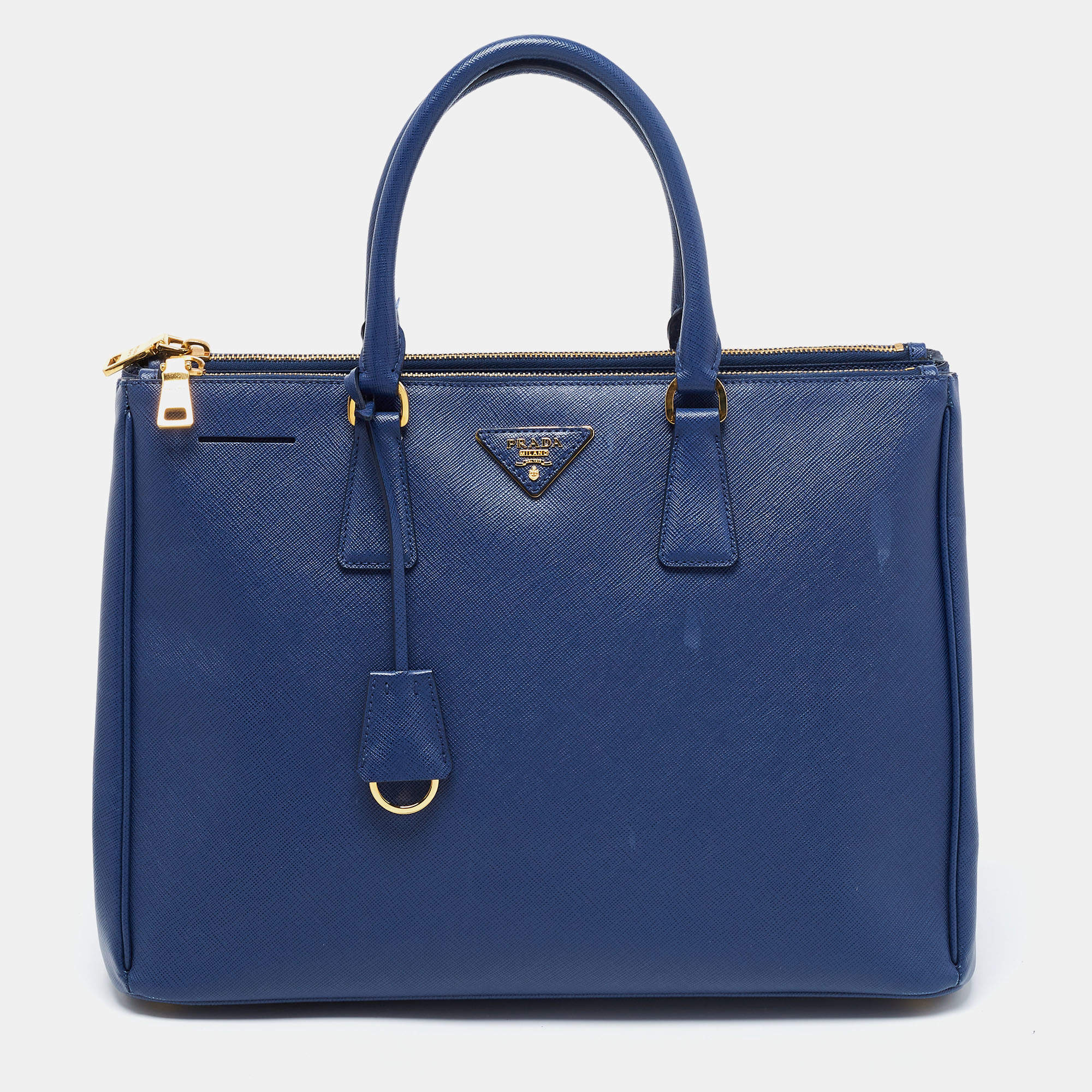 Pre Owned Prada Blue Saffiano Lux Leather Large Galleria Double Zip Tote