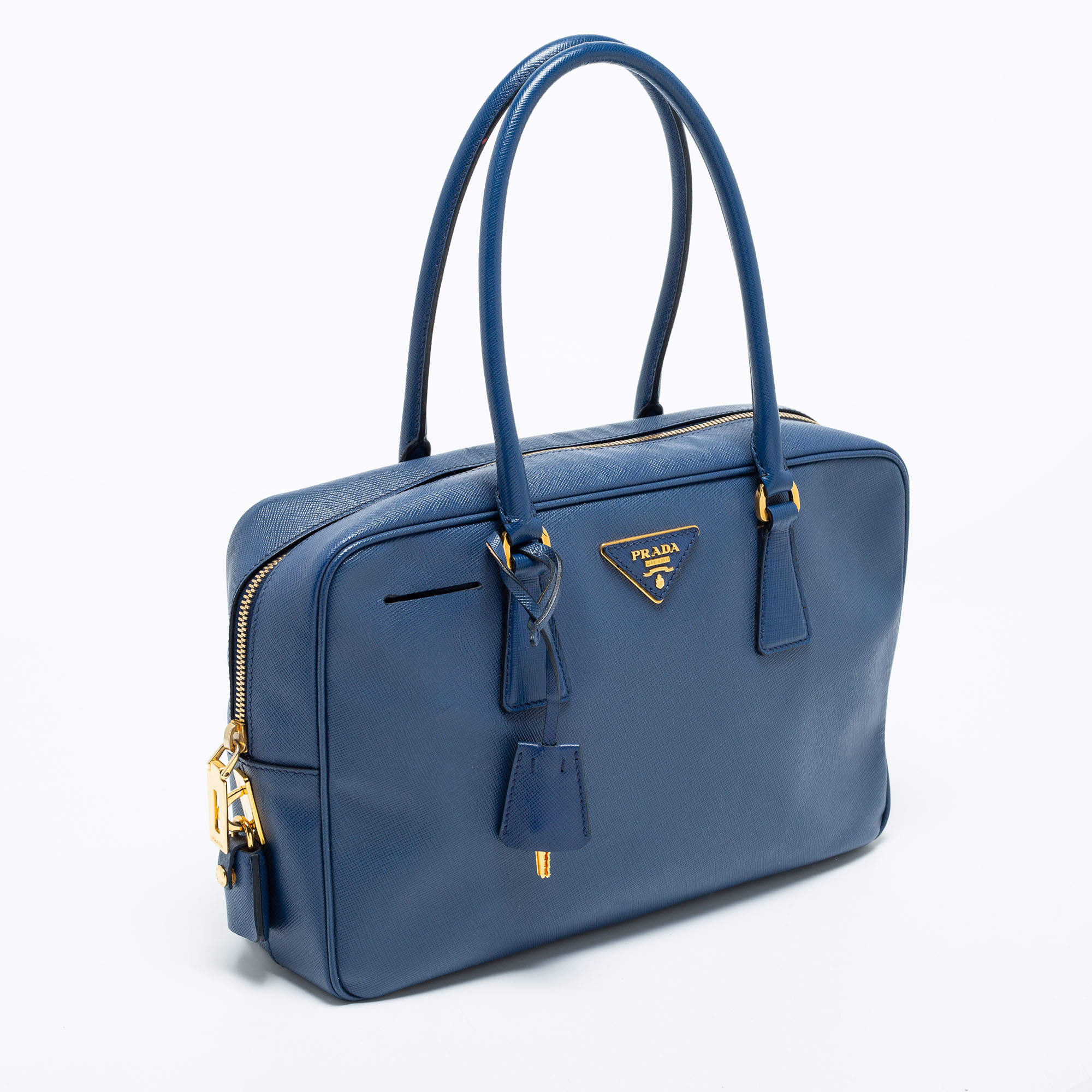 Prada Blue Saffiano Lux Leather Mini Bauletto Bag