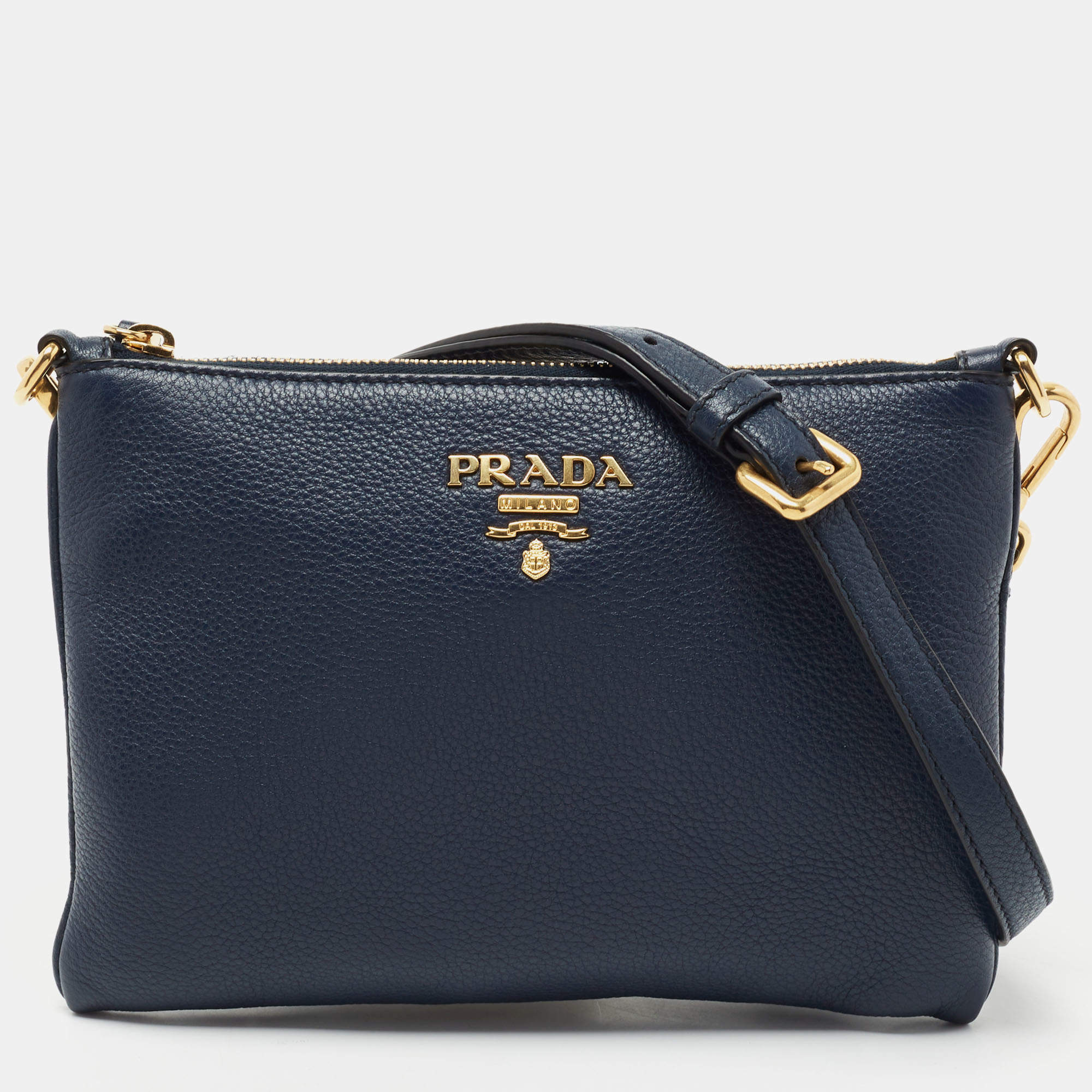 Pre Owned Prada Blue Vitello Diano Leather Double Compartment Crossbody Bag