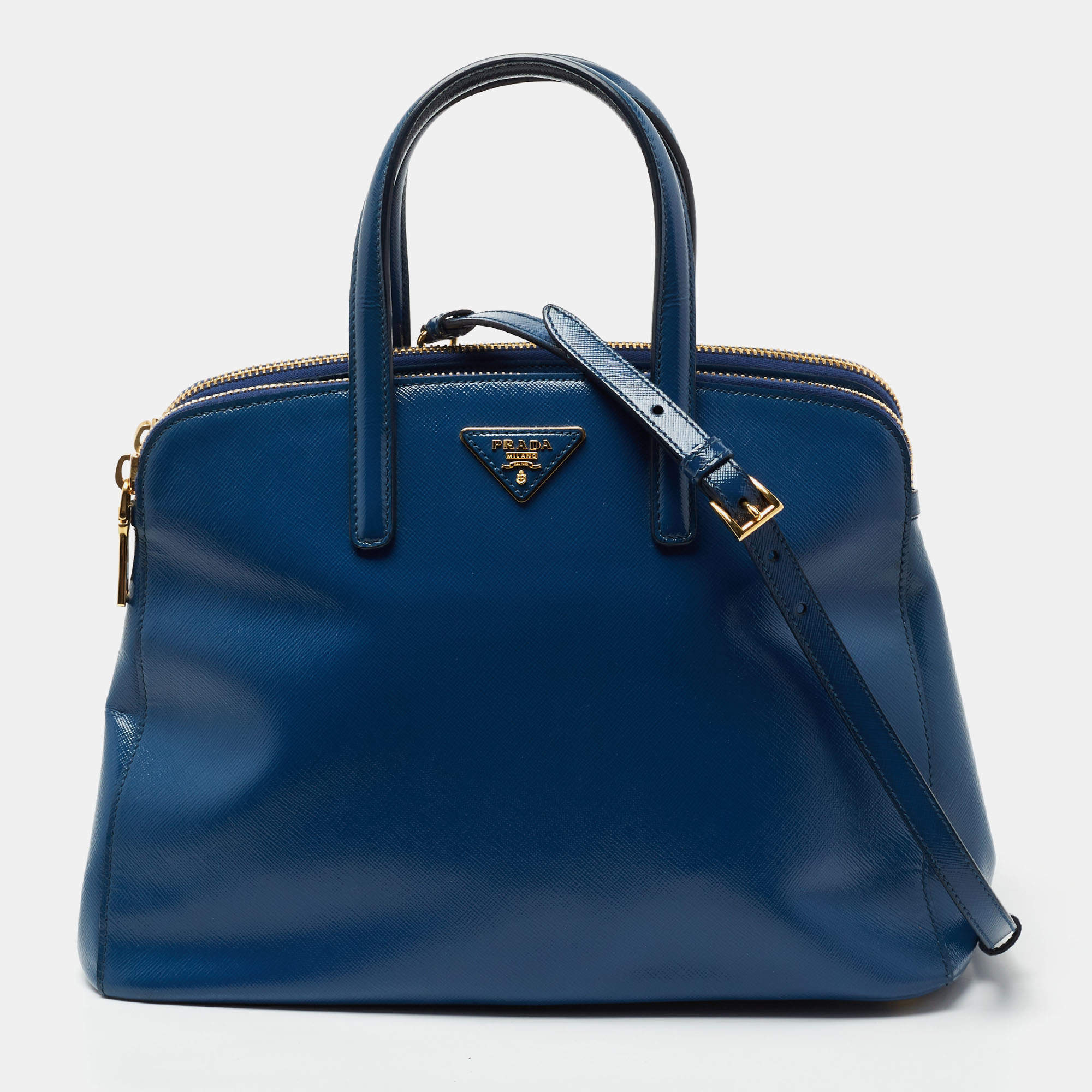 Pre Owned Prada Blue Saffiano Lux Leather Promenade Satchel
