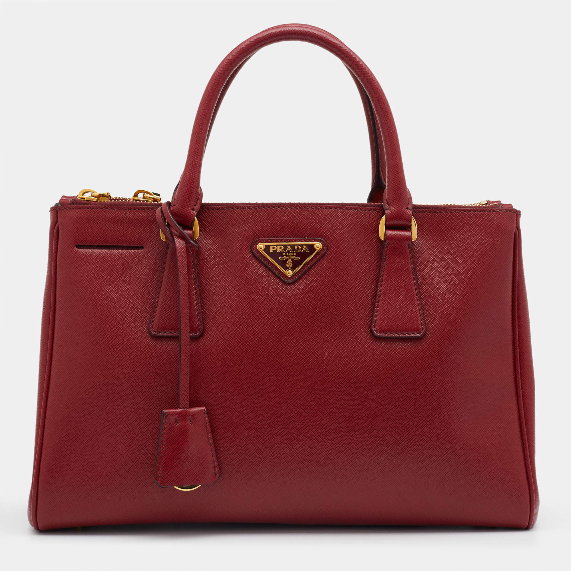 Pre Owned Prada Red Saffiano Leather Small Double Zip Tote