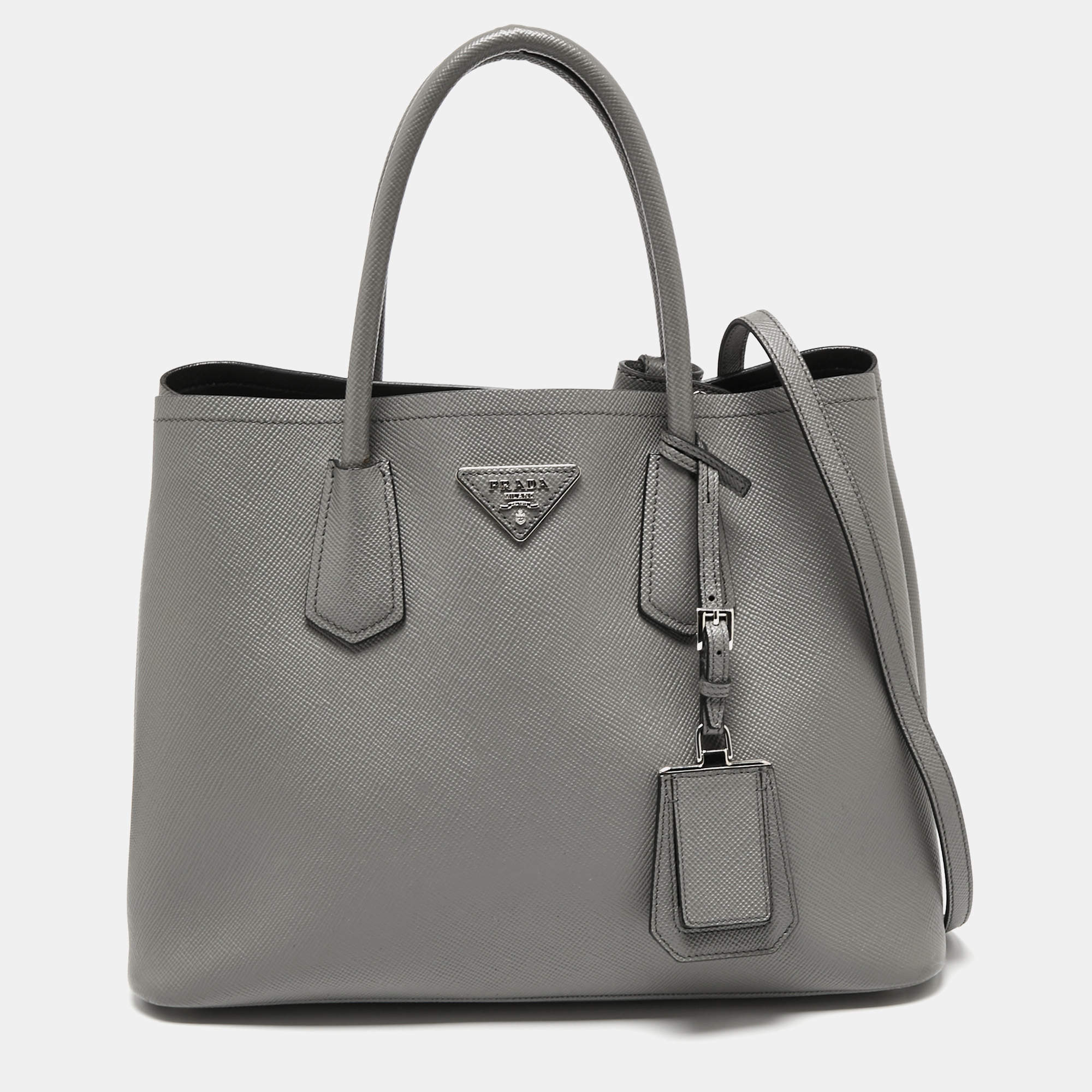 Pre Owned Prada Grey Saffiano Cuir Leather Medium Double Handle Tote