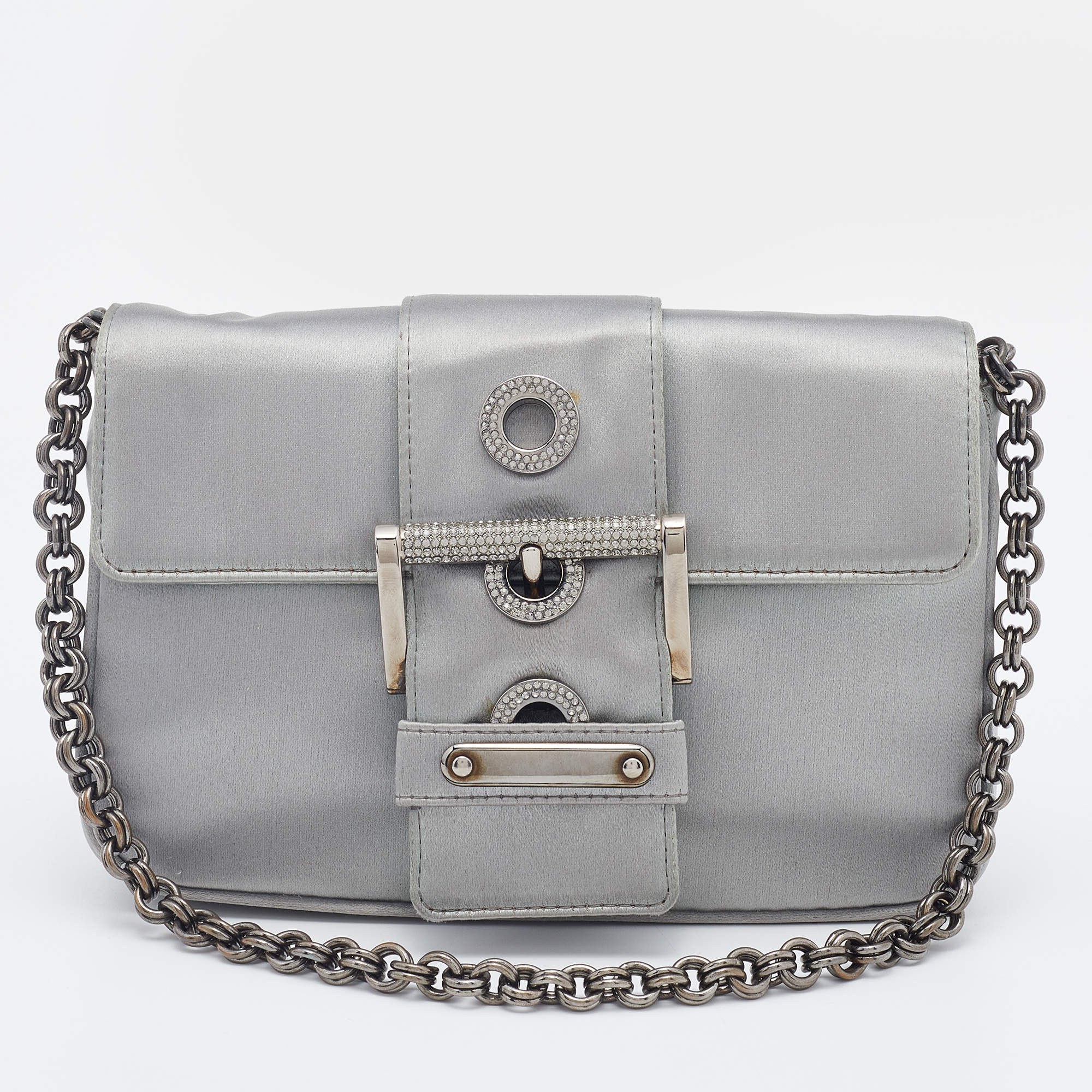Pre Owned Prada Grey Satin Buckle Chain Bag