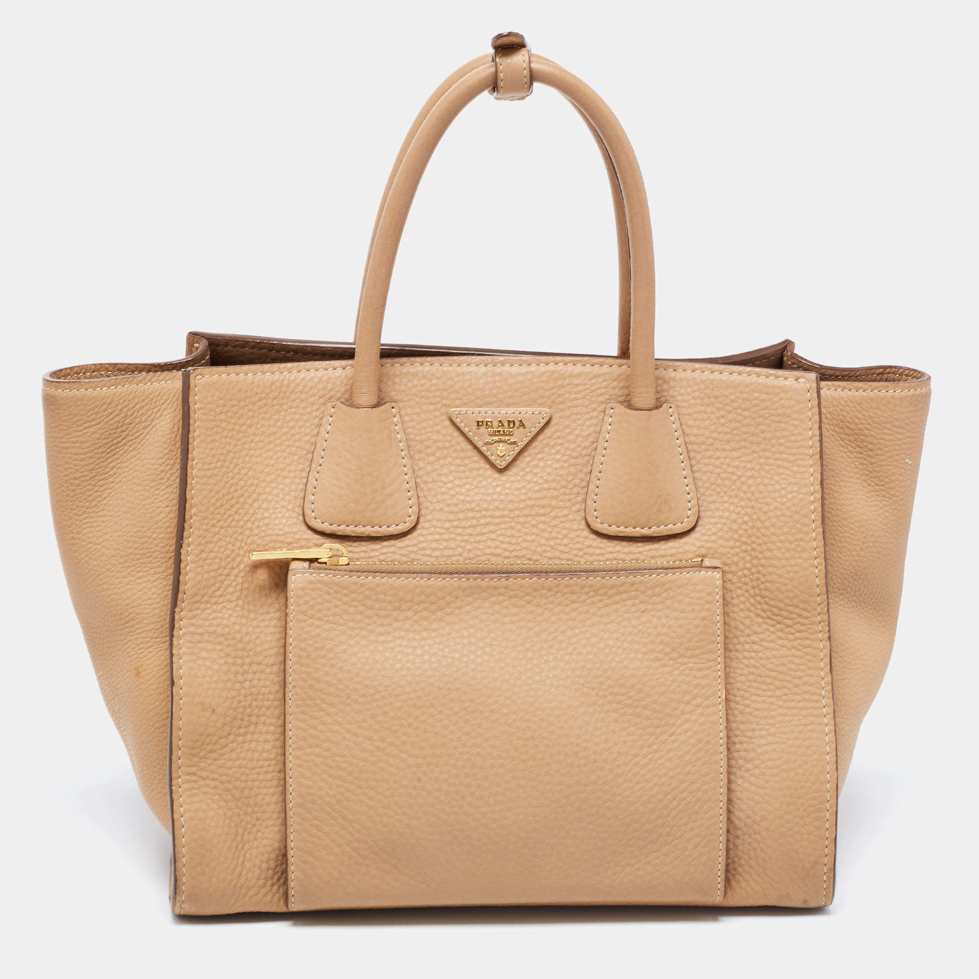 Pre Owned Prada Beige Leather Medium Twin Pocket Tote