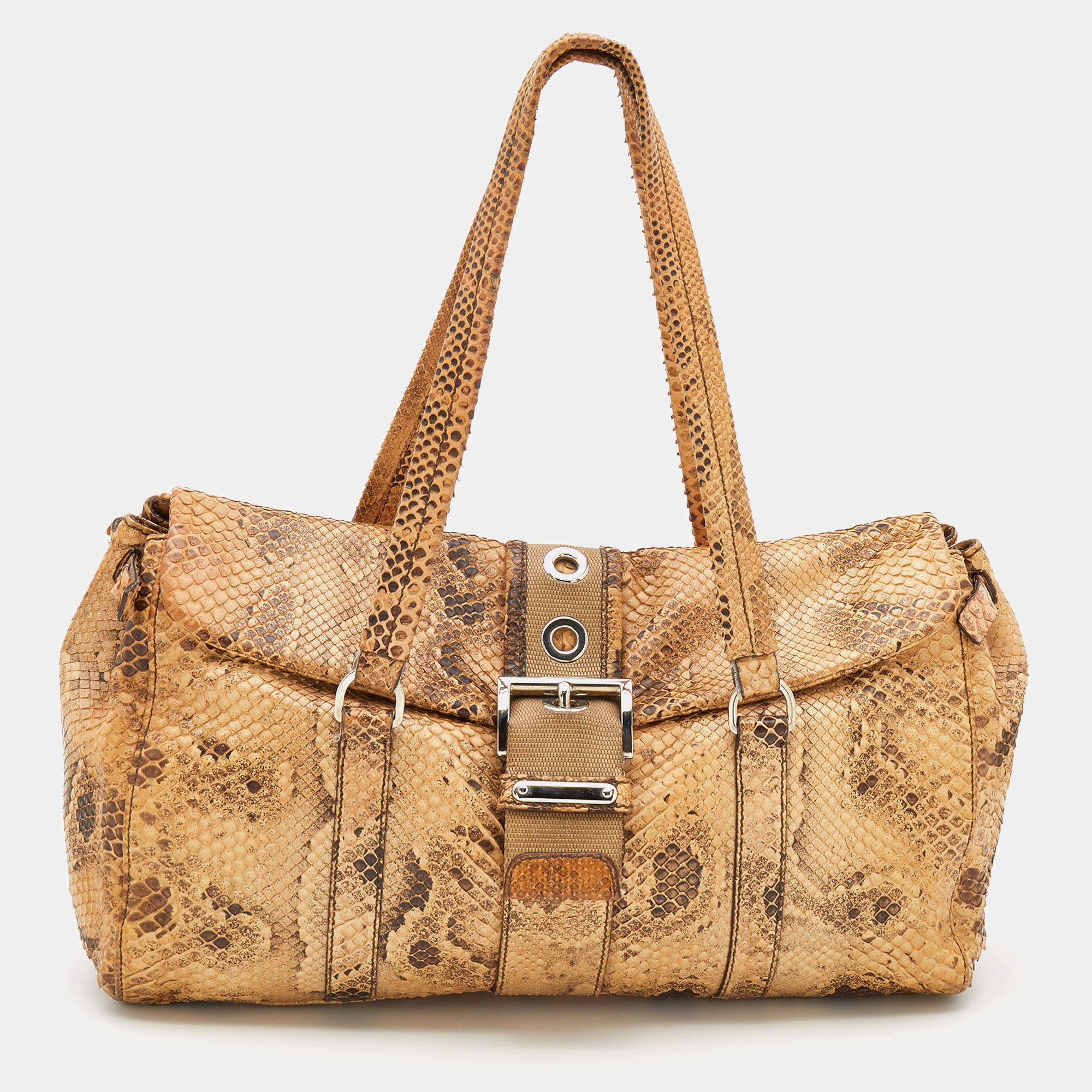Pre Owned Prada Beige Python Buckle Flap Satchel