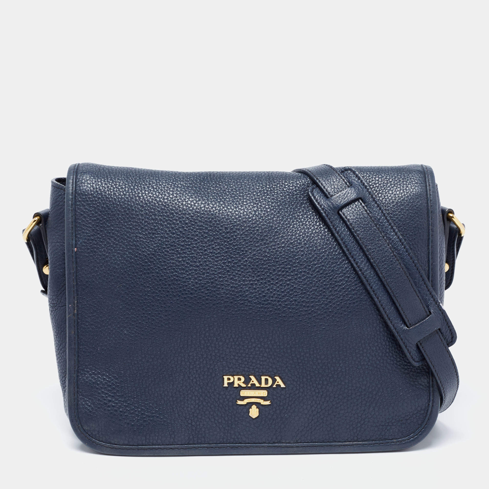 Pre Owned Prada Navy Blue Vitello Daino Leather Phenix Flap Crossbody Bag