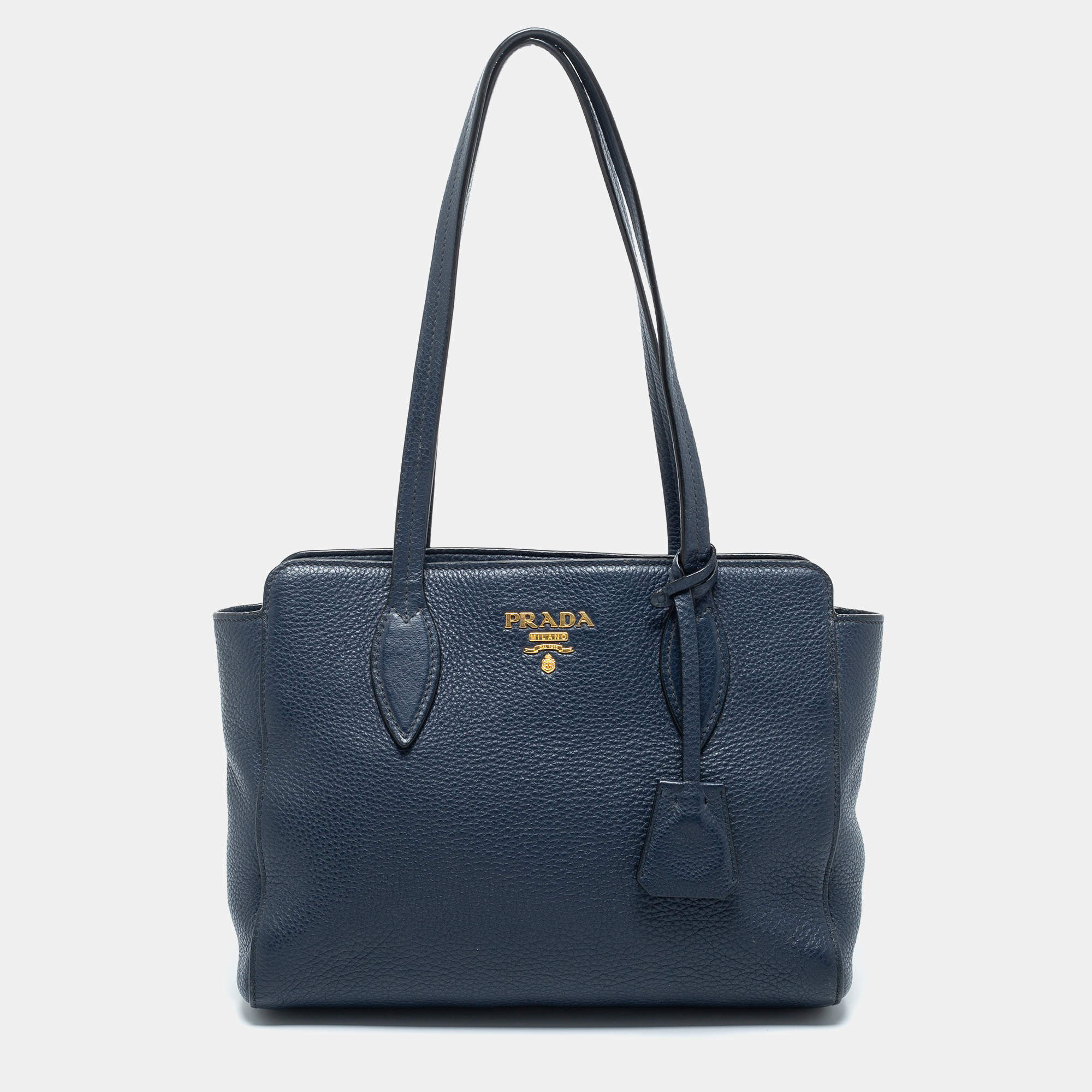 Pre Owned Prada Navy Blue Leather Vitello Phenix Small Tote