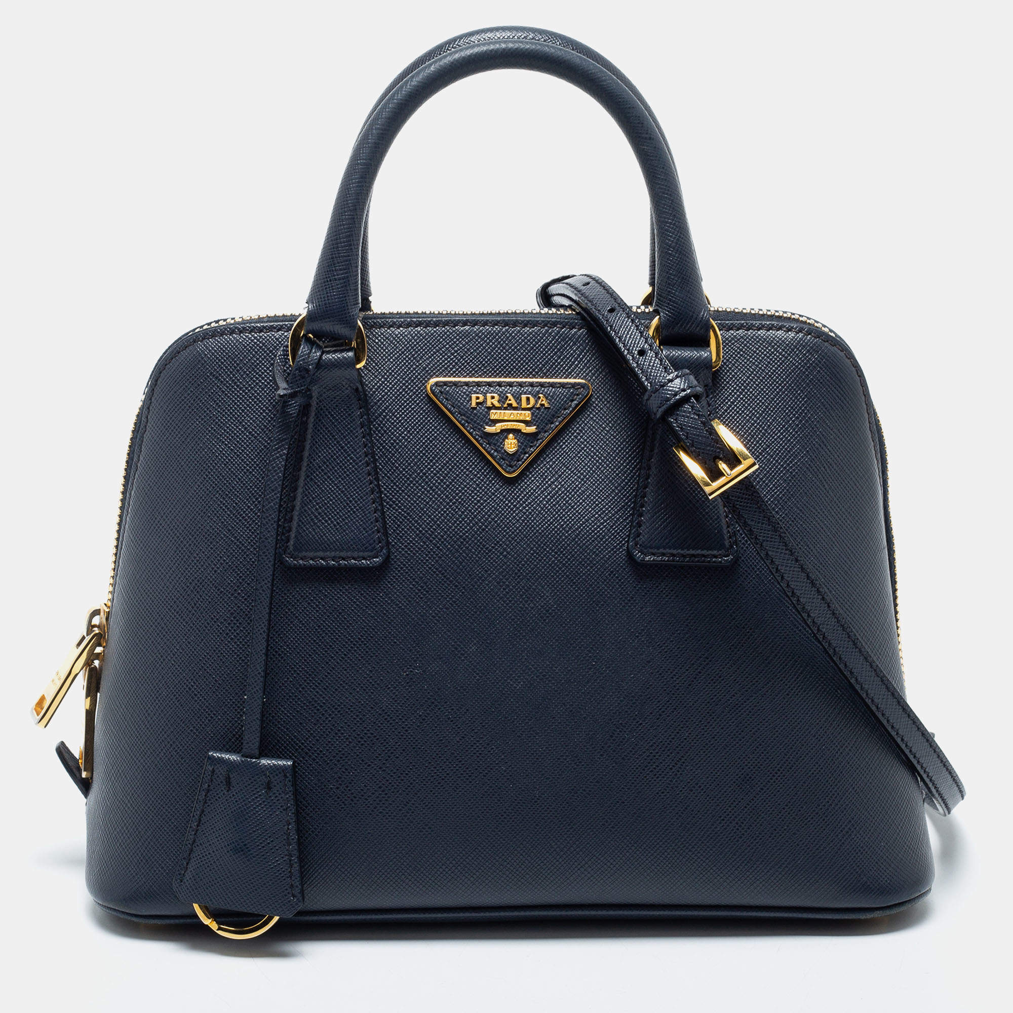Pre Owned Prada Dark Blue Saffiano Lux Leather Small Promenade Satchel