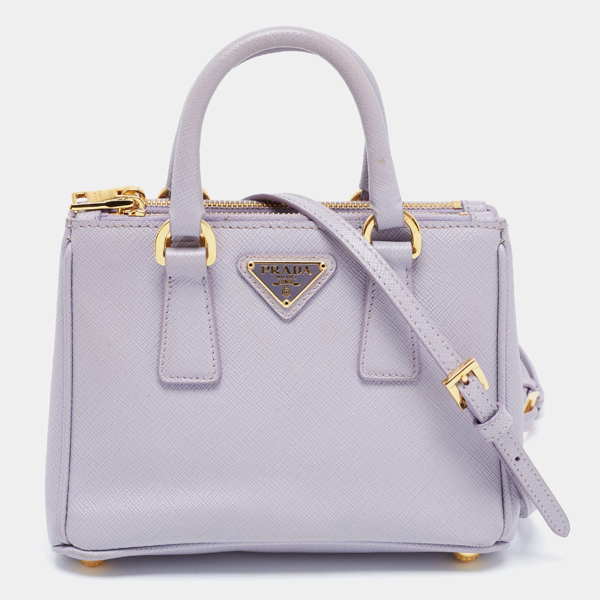 Pre Owned Prada Purple Saffiano Lux Leather Mini Galleria Double Zip Tote