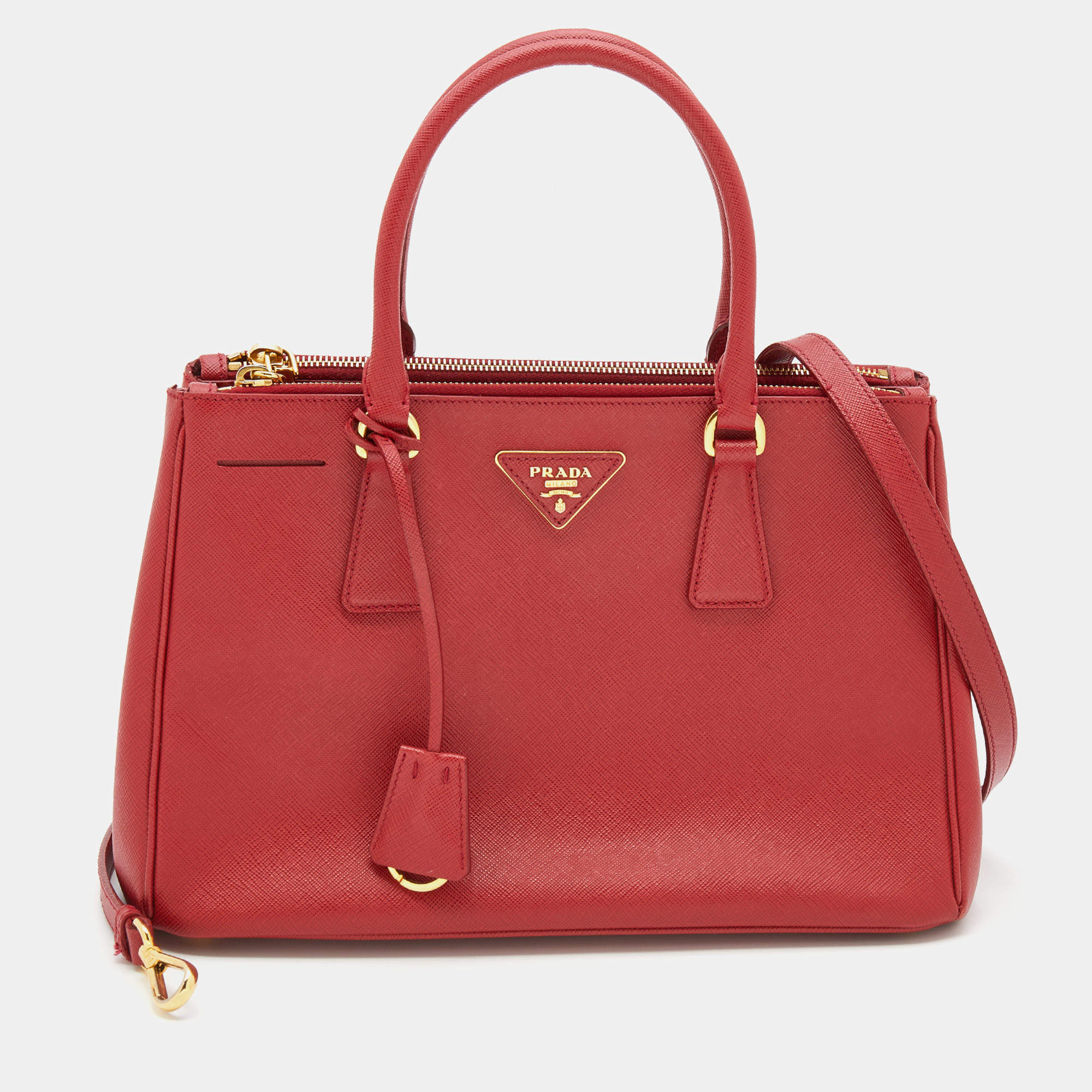 Pre Owned Prada Red Saffiano Leather Small Double Zip Tote