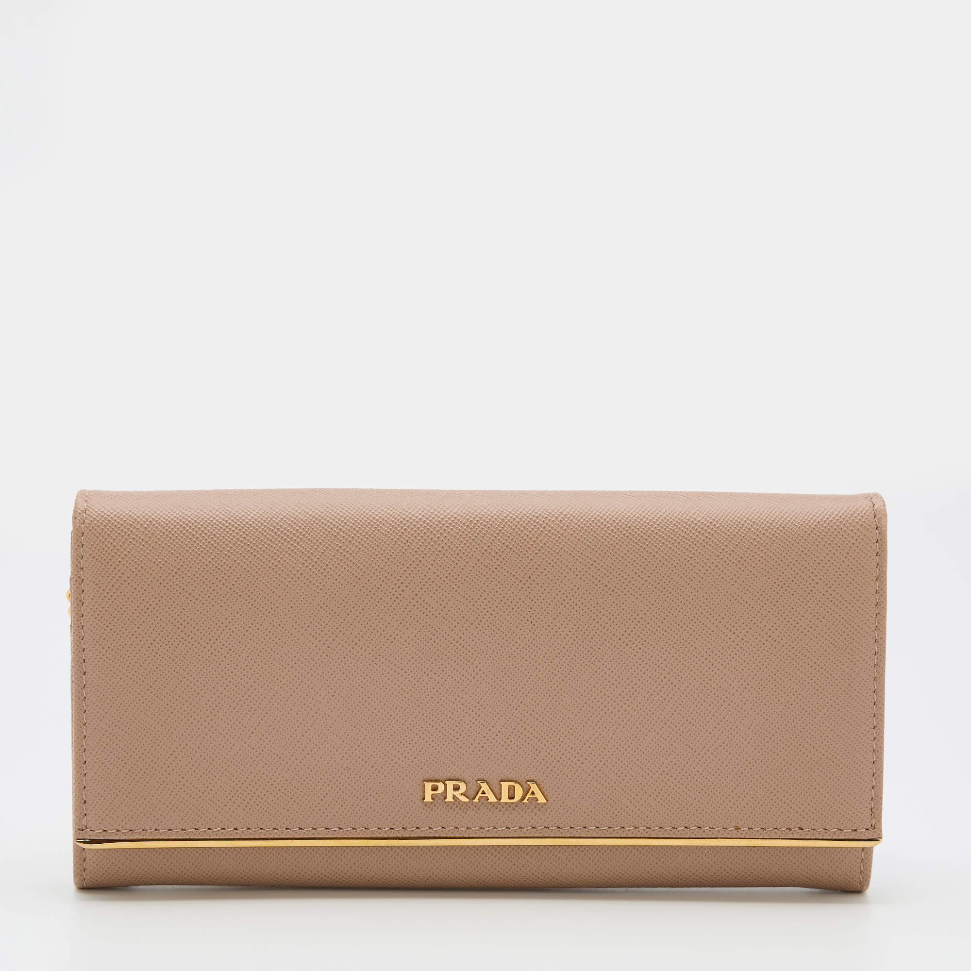 Pre Owned Prada Beige Saffiano Lux Leather Metal Bar Flap Continental Wallet