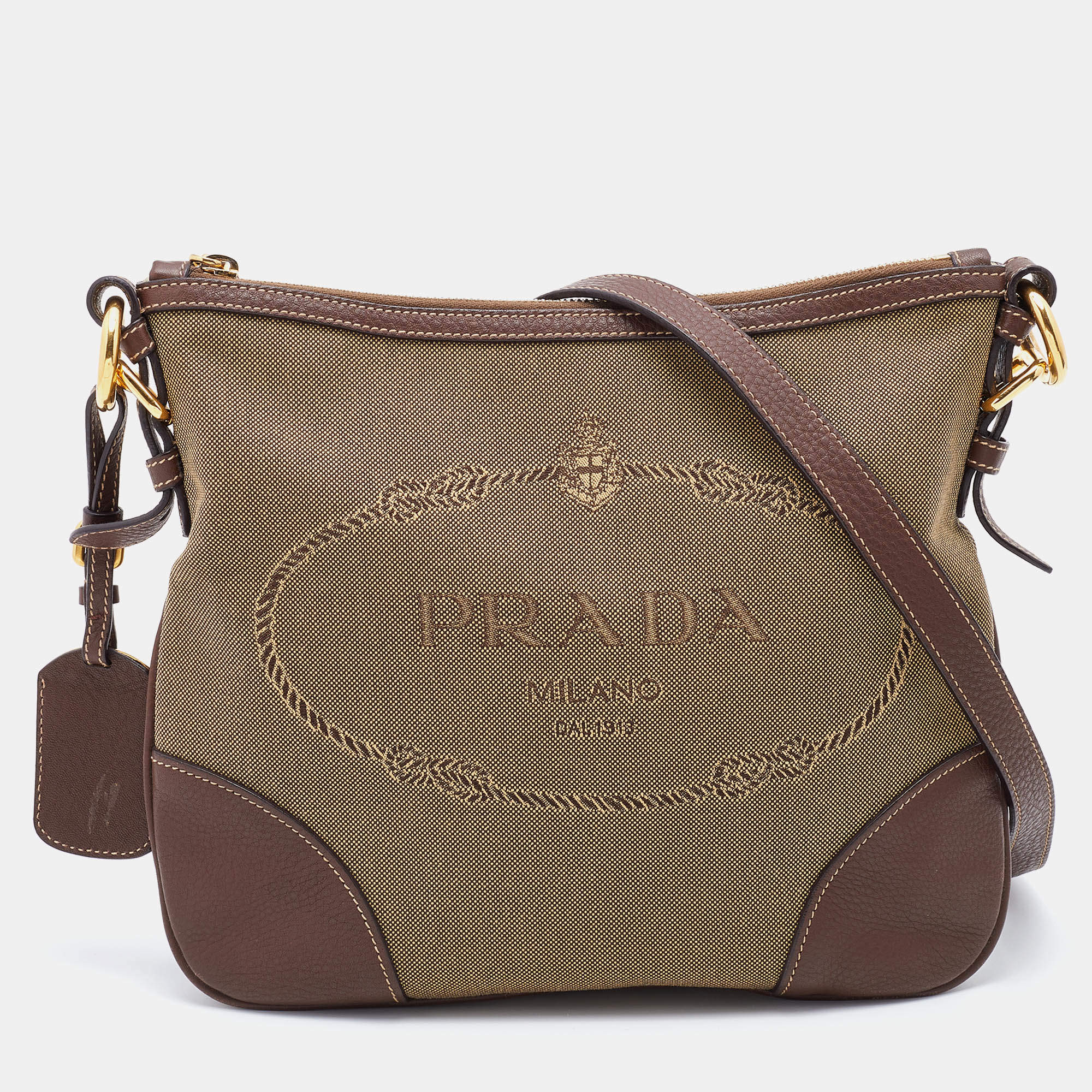 Pre Owned Prada Olive Green/Brown Canvas And Leather Canapa Logo Shoulder Bag