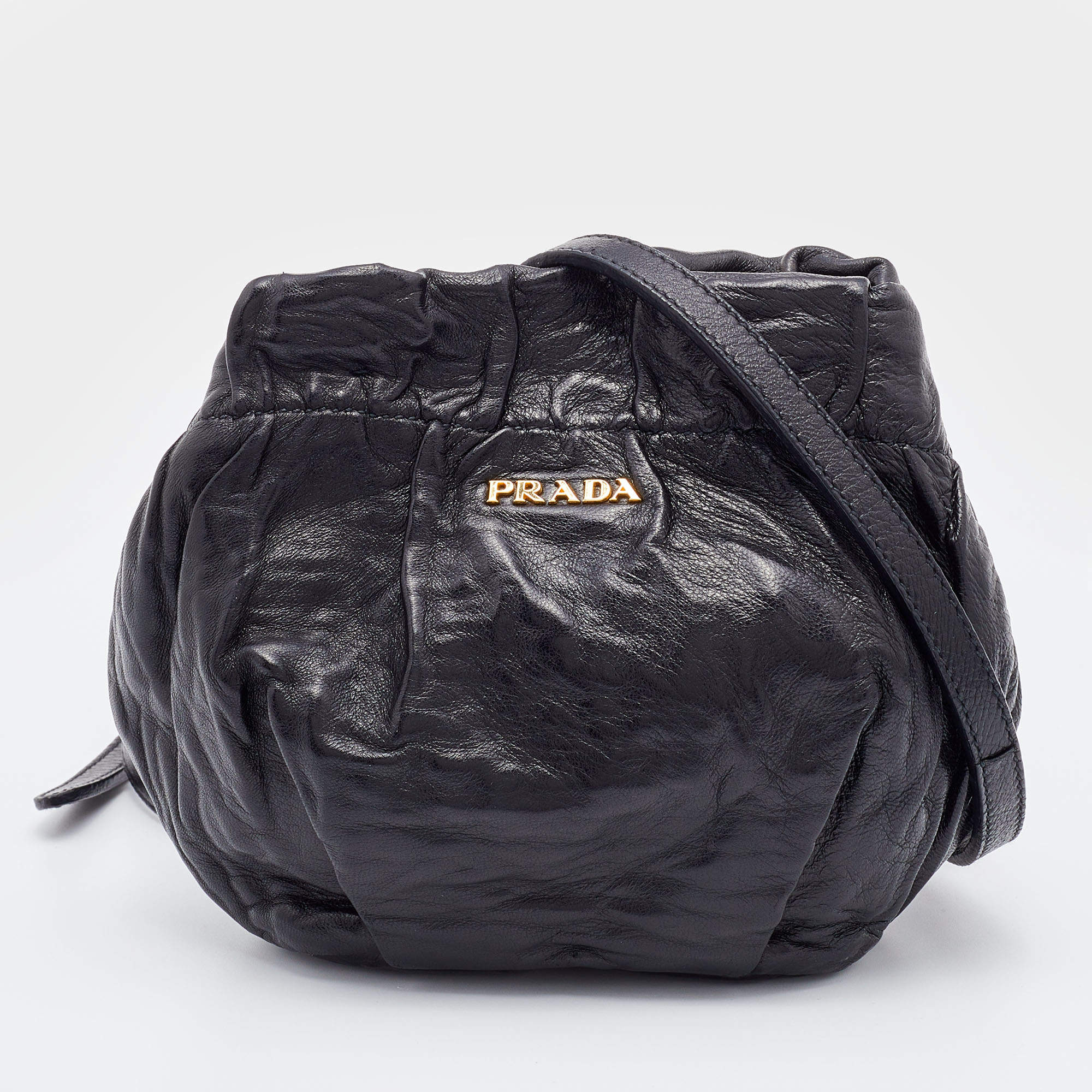 Pre Owned Prada Black Leather Mini Antique Bucket Crossbody Bag