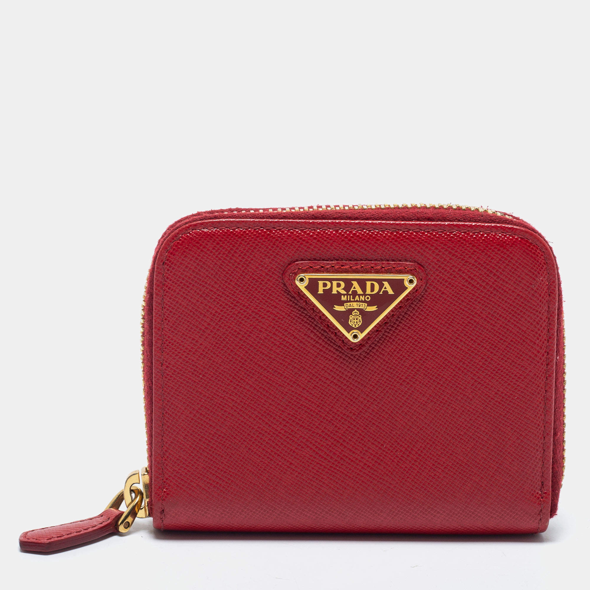 Pre Owned Prada Red Saffiano Lux Leather Zip Around Compact Wallet