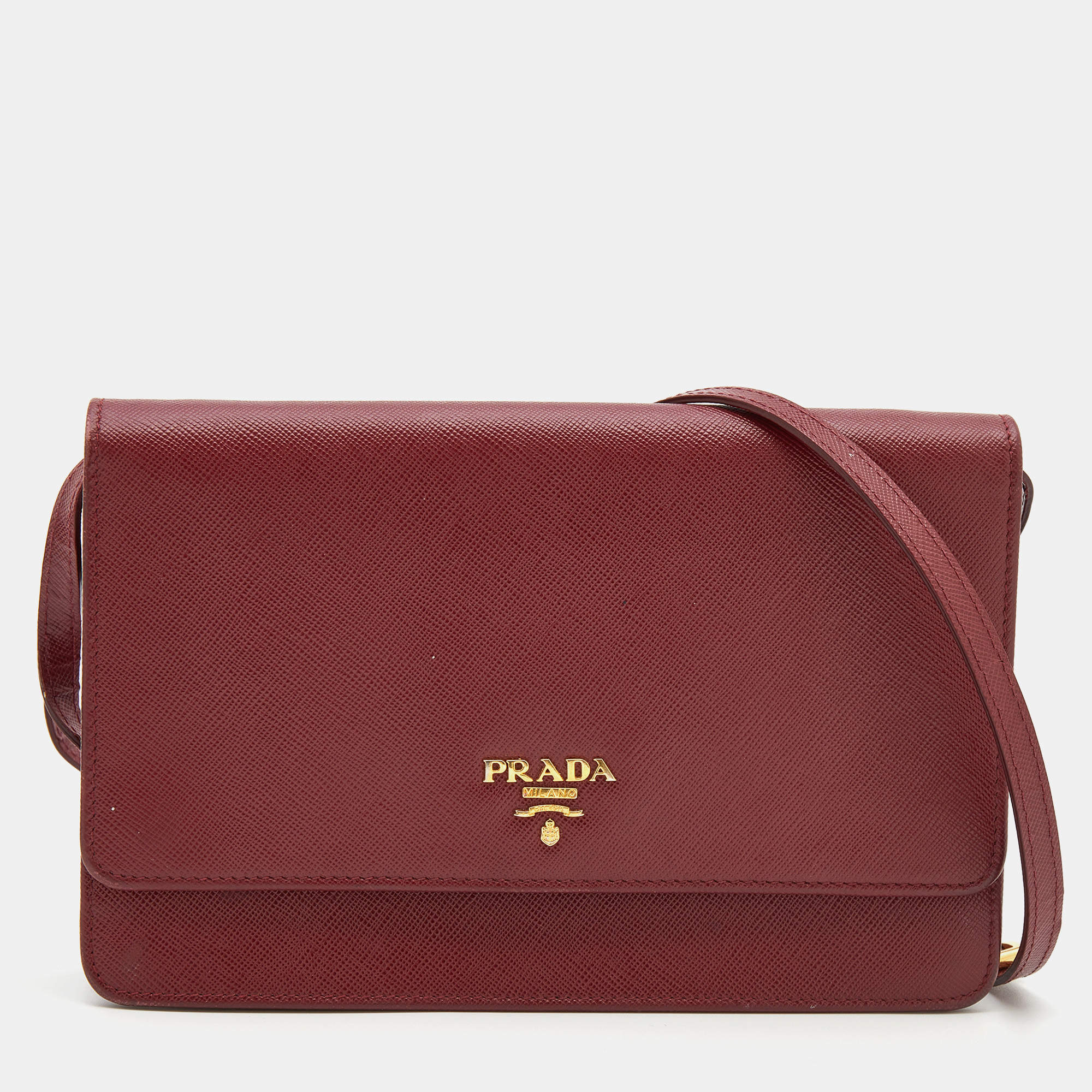 Pre Owned Prada Burgundy Saffiano Leather Wallet On Strap