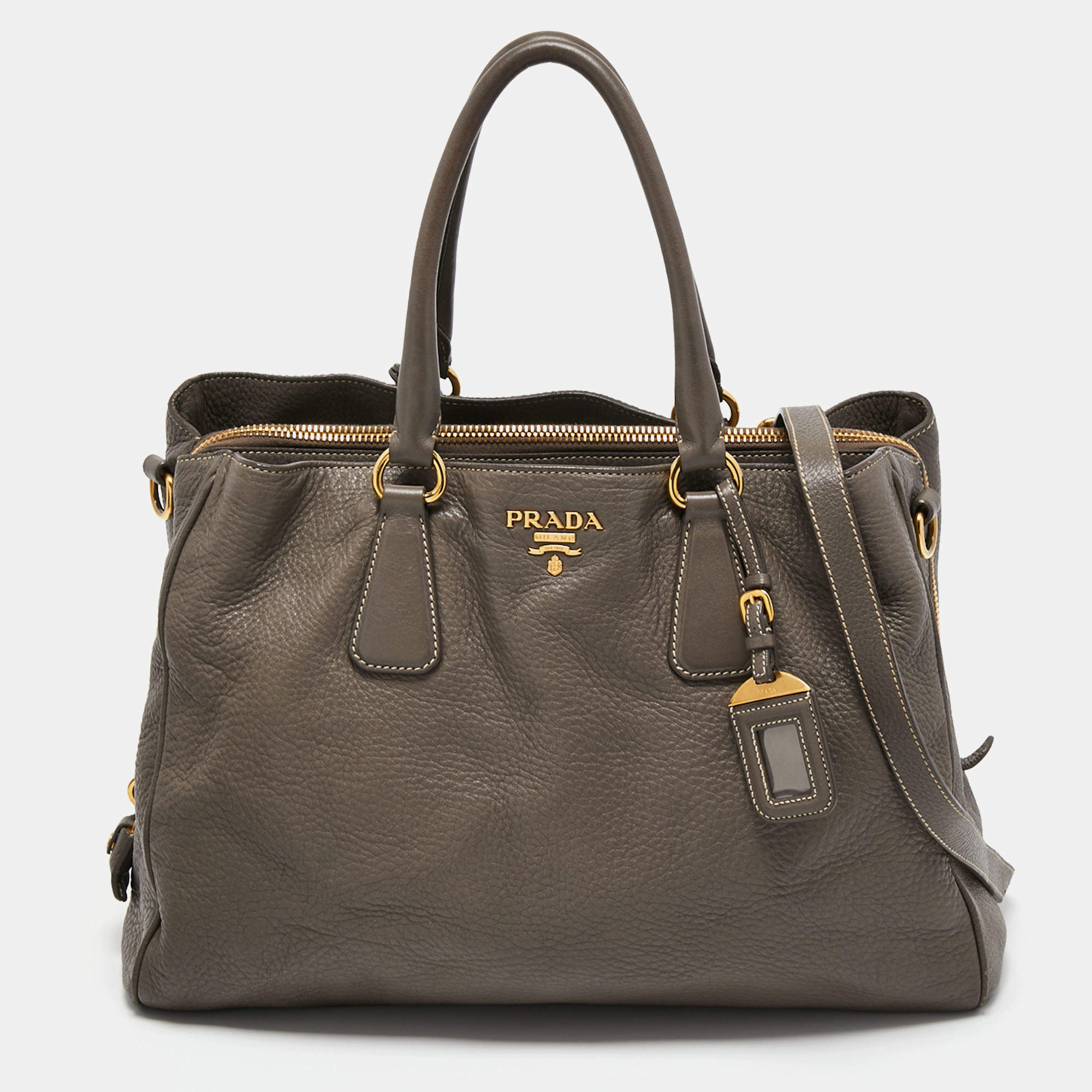 Pre Owned Prada Dark Beige Cervo Leather Side Zipped Tote
