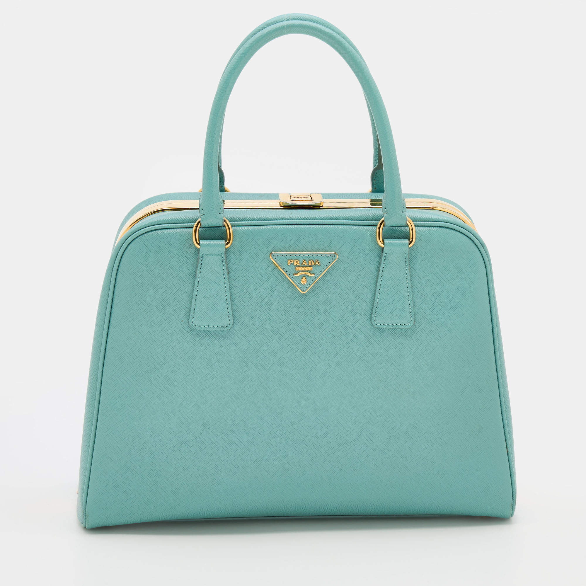 Pre Owned Prada Turquoise Blue Saffiano Leather Pyramid Frame Satchel