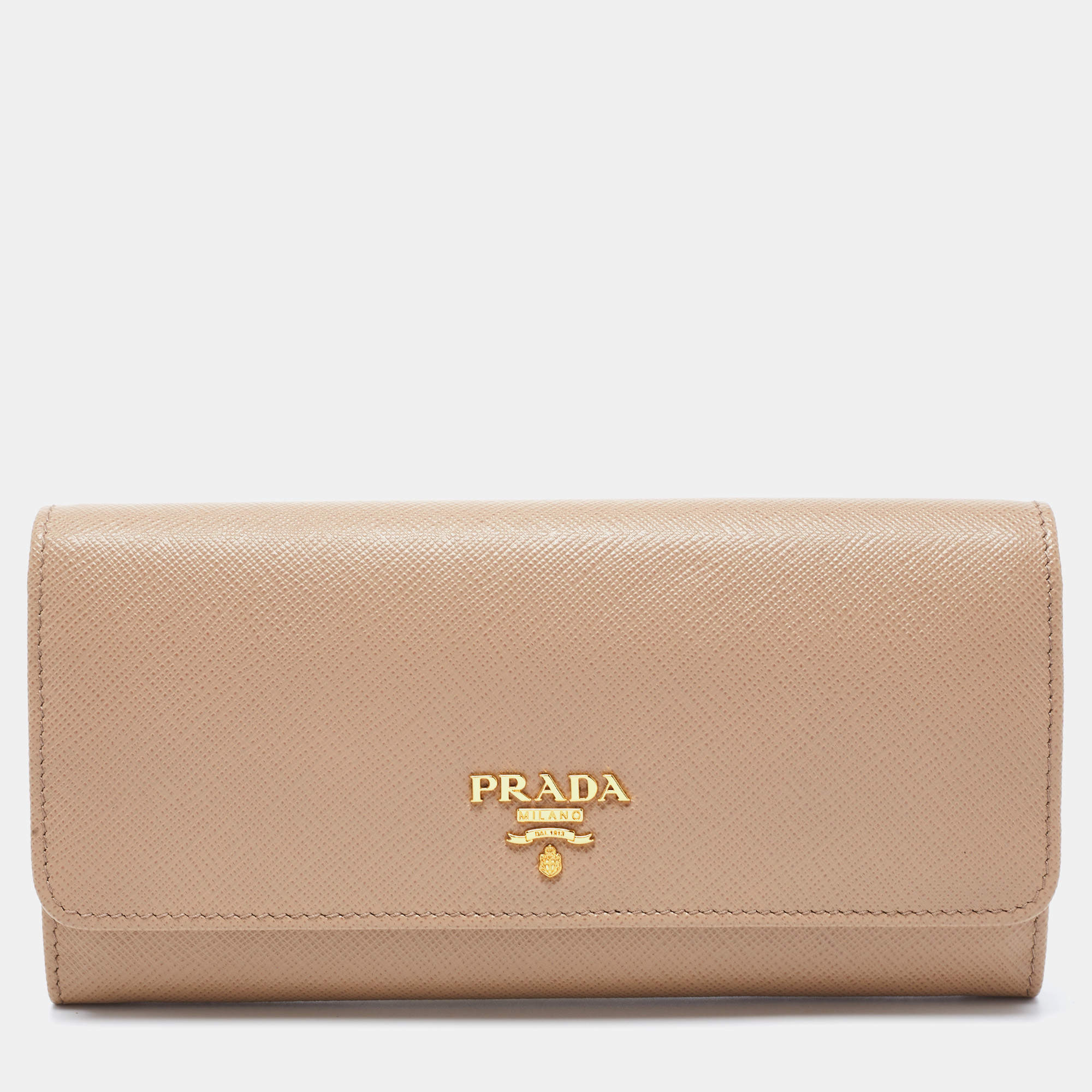 Pre Owned Prada Beige Saffiano Lux Leather Flap Continental Wallet