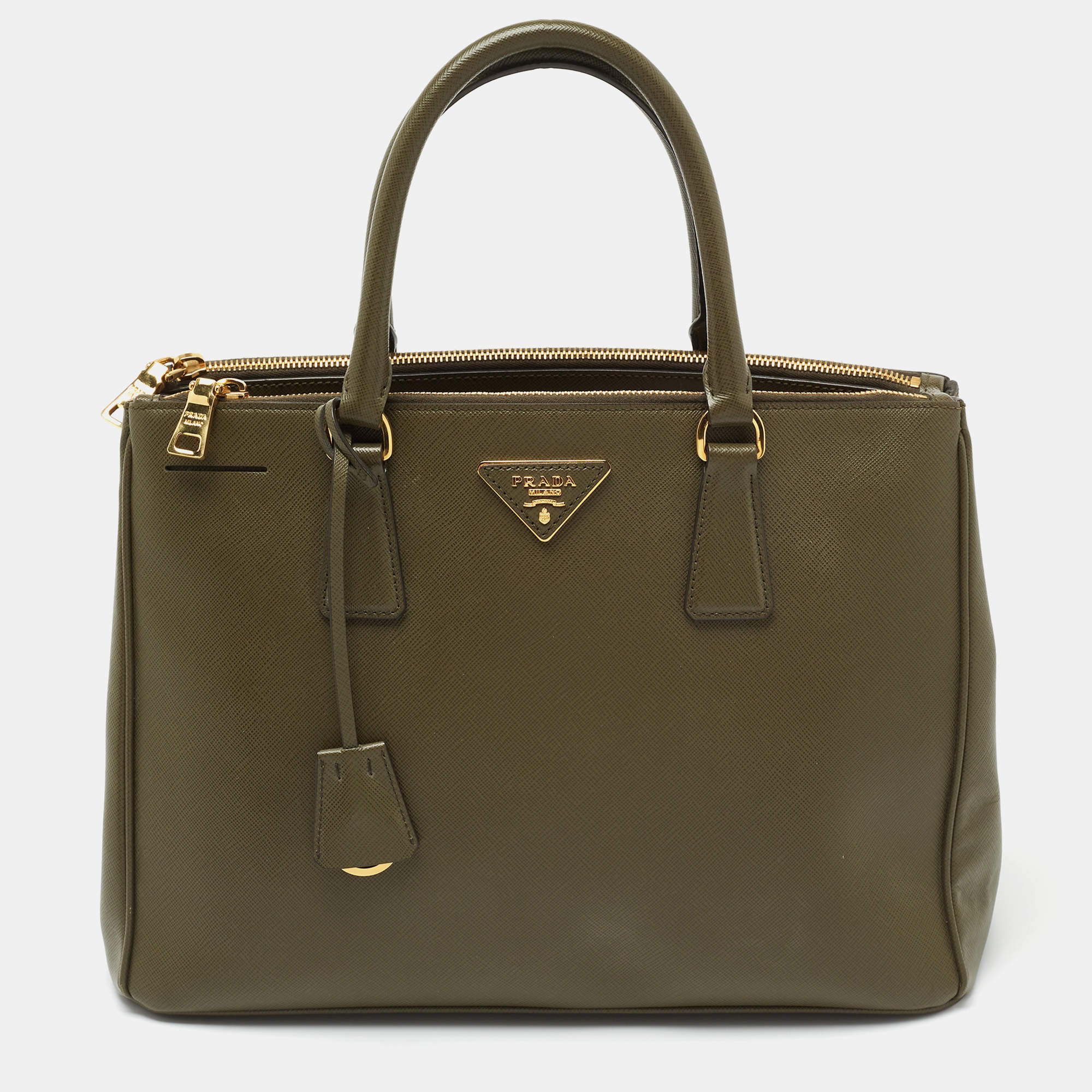 Pre Owned Prada Green Saffiano Leather Double Zip Tote