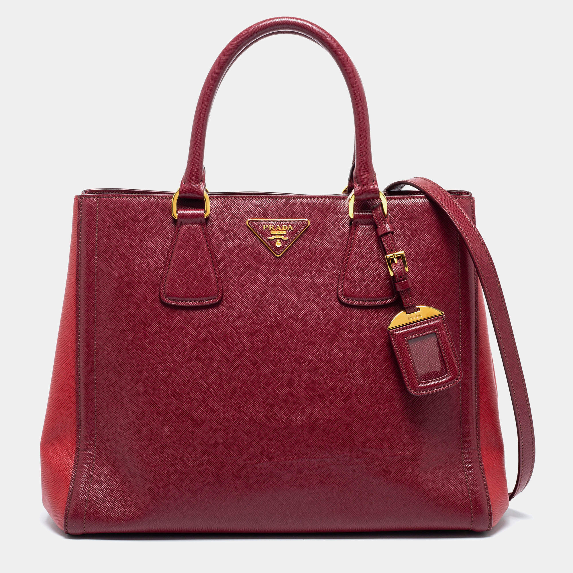 Pre Owned Prada Burgundy/Red Saffiano Leather Medium Double Zip Tote