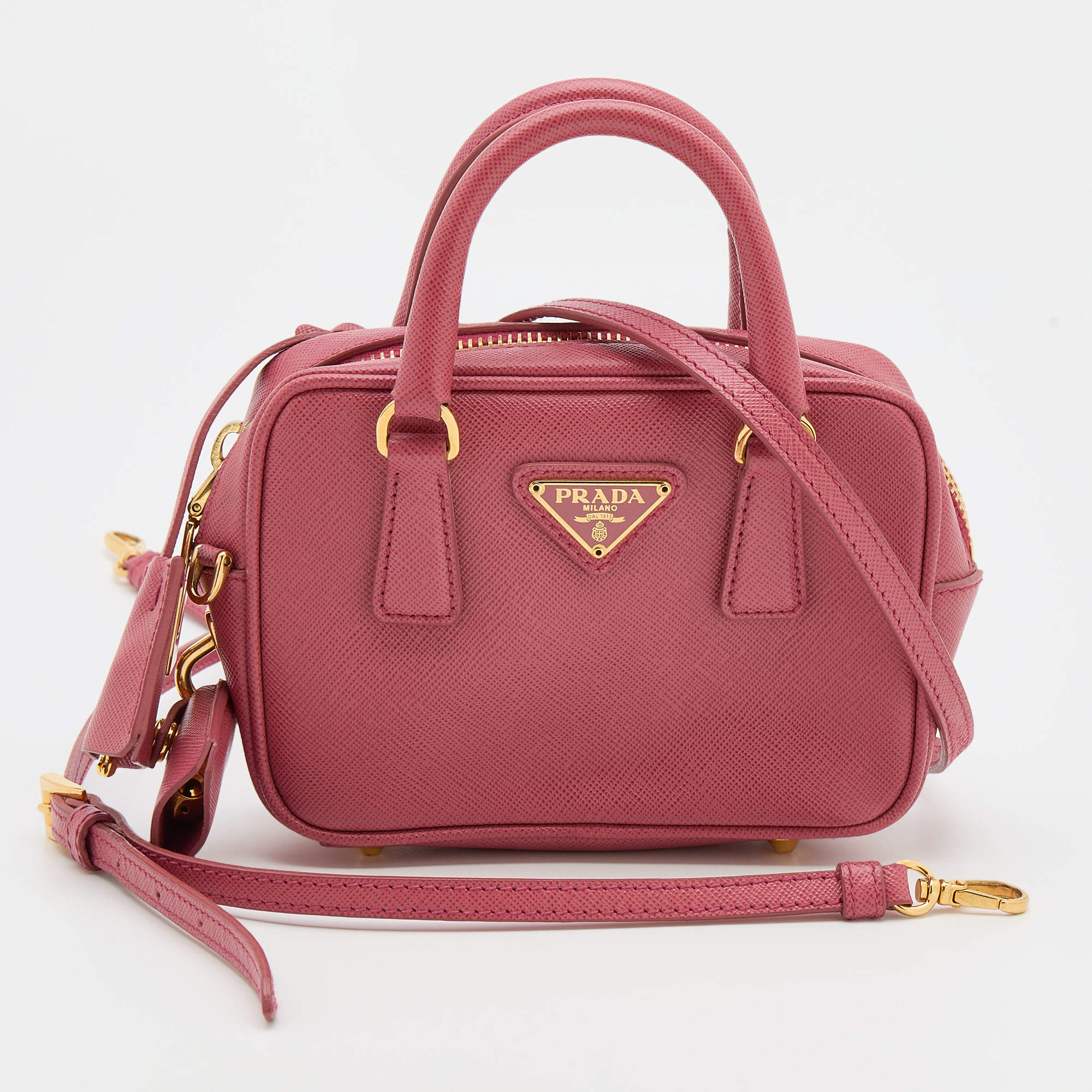 Red Saffiano Lux leather Prada Mini Bauletto bag with gold-tone