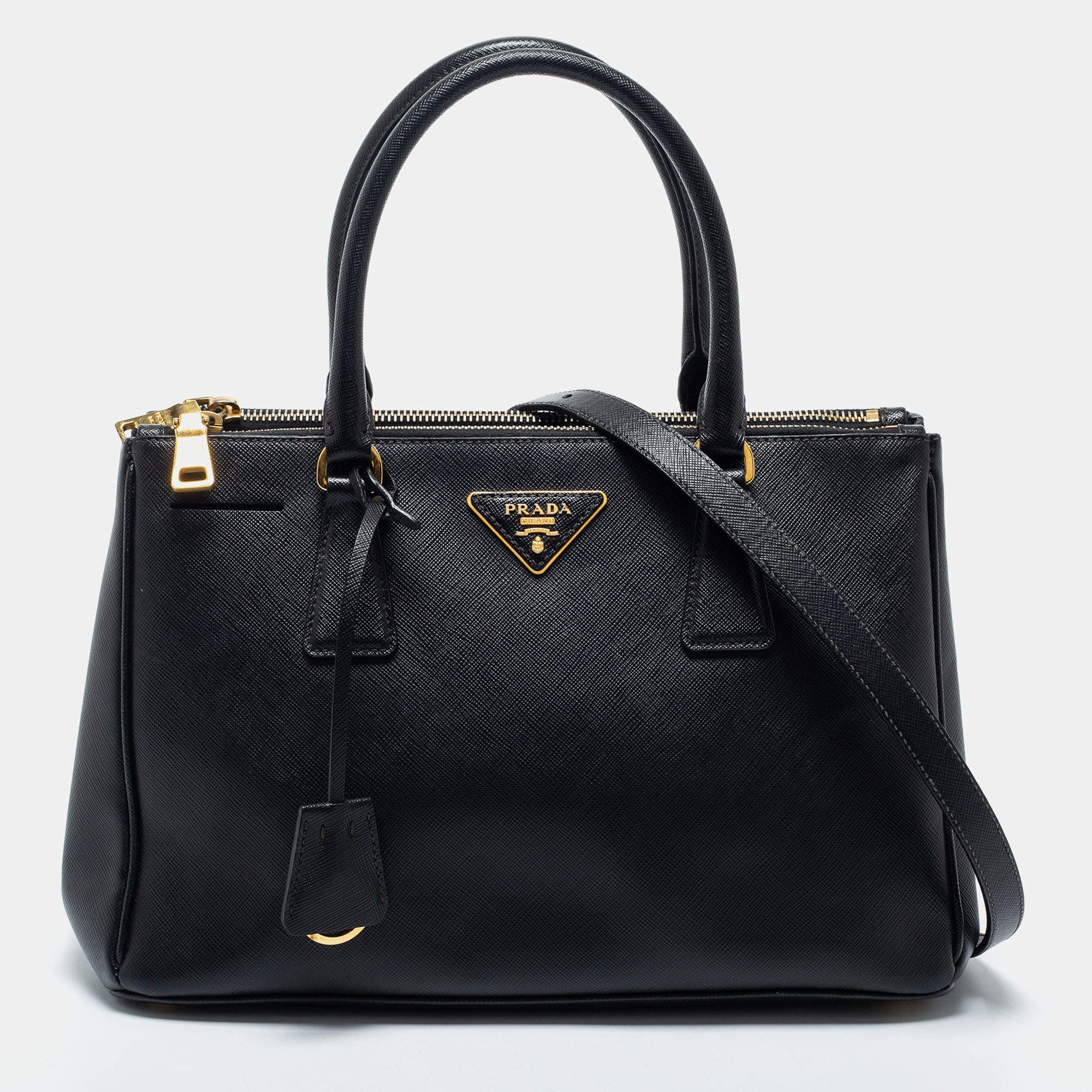 Pre Owned Prada Black Saffiano Leather Double Zip Tote