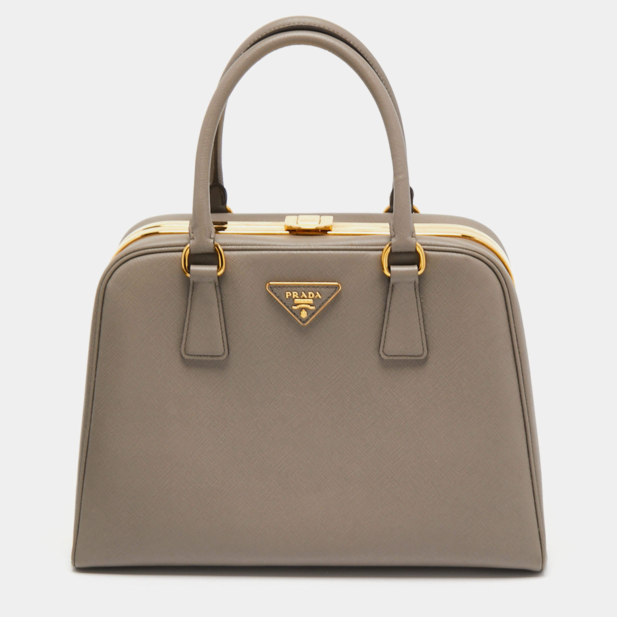 Prada Grey Saffiano Lux Leather Pyramid Frame Satchel
