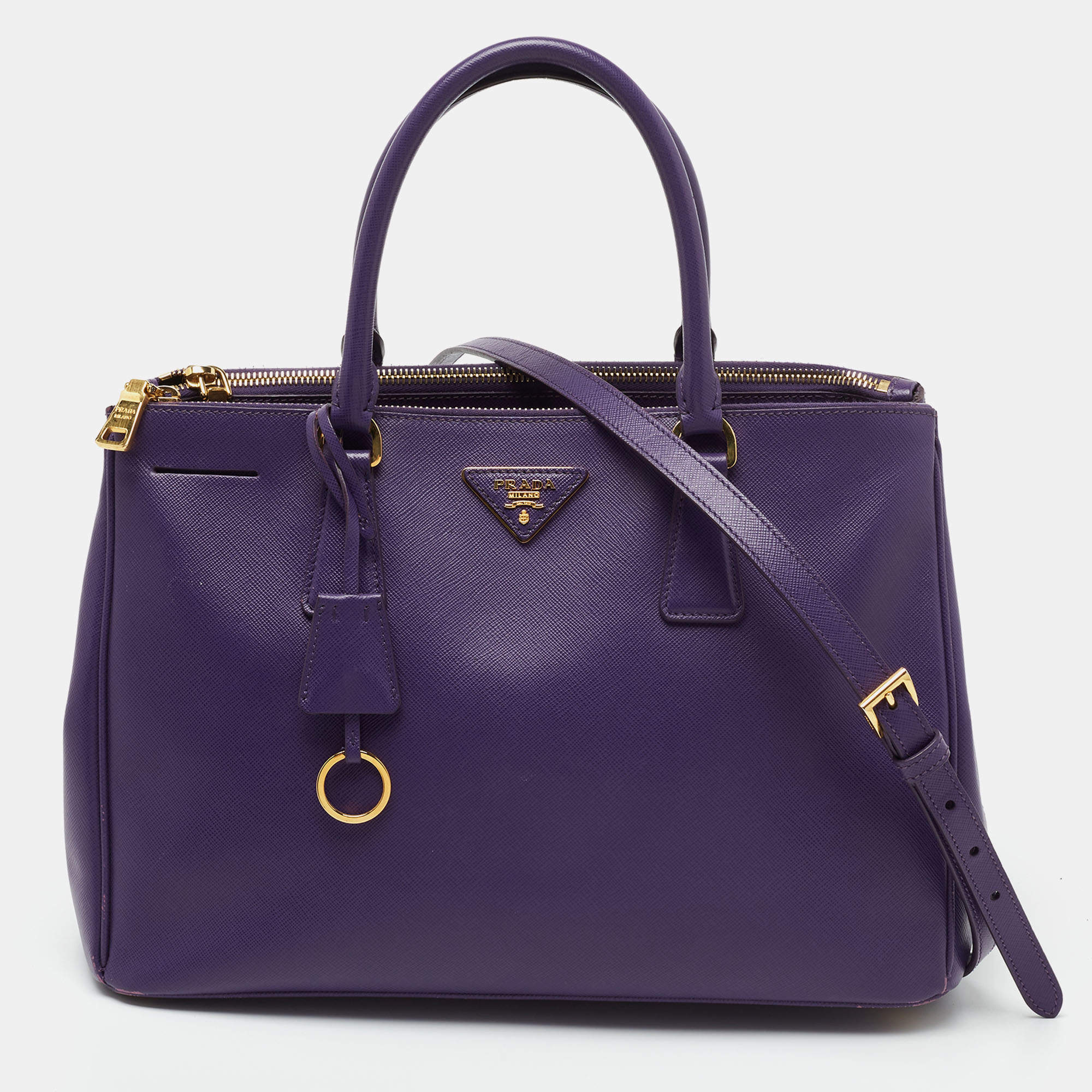 Pre Owned Prada Purple Saffiano Lux Leather Medium Galleria Double Zip Tote