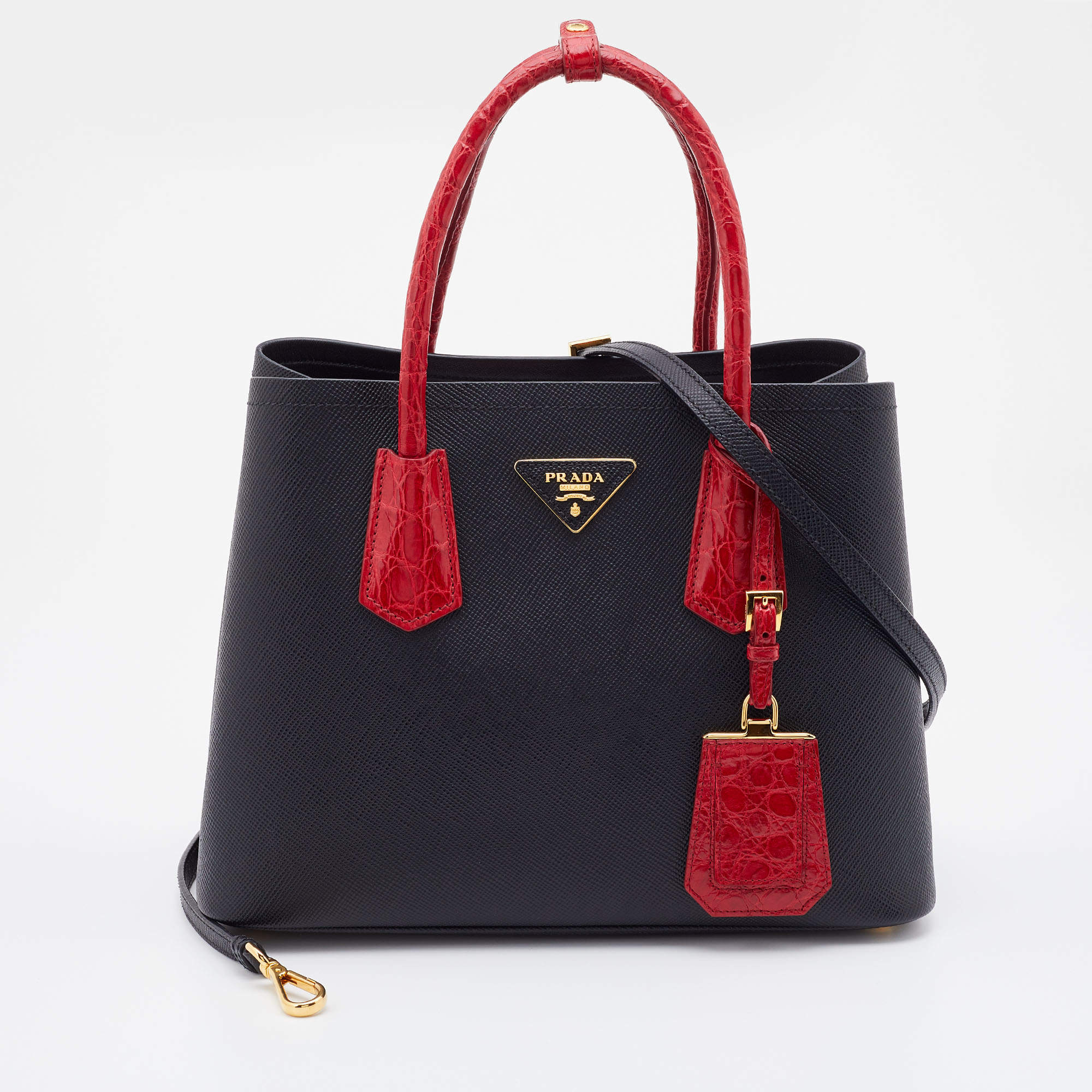 Pre Owned Prada Black/Red Saffiano Cuir Leather and Crocodile Double Tote