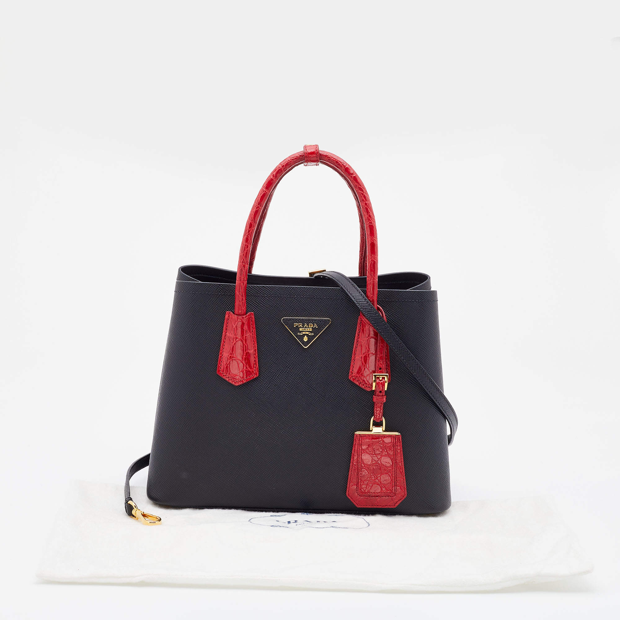 Large Medium Prada Double Tote Saffiano Cuir Black with Fiery Red Napp –  Essex Fashion House