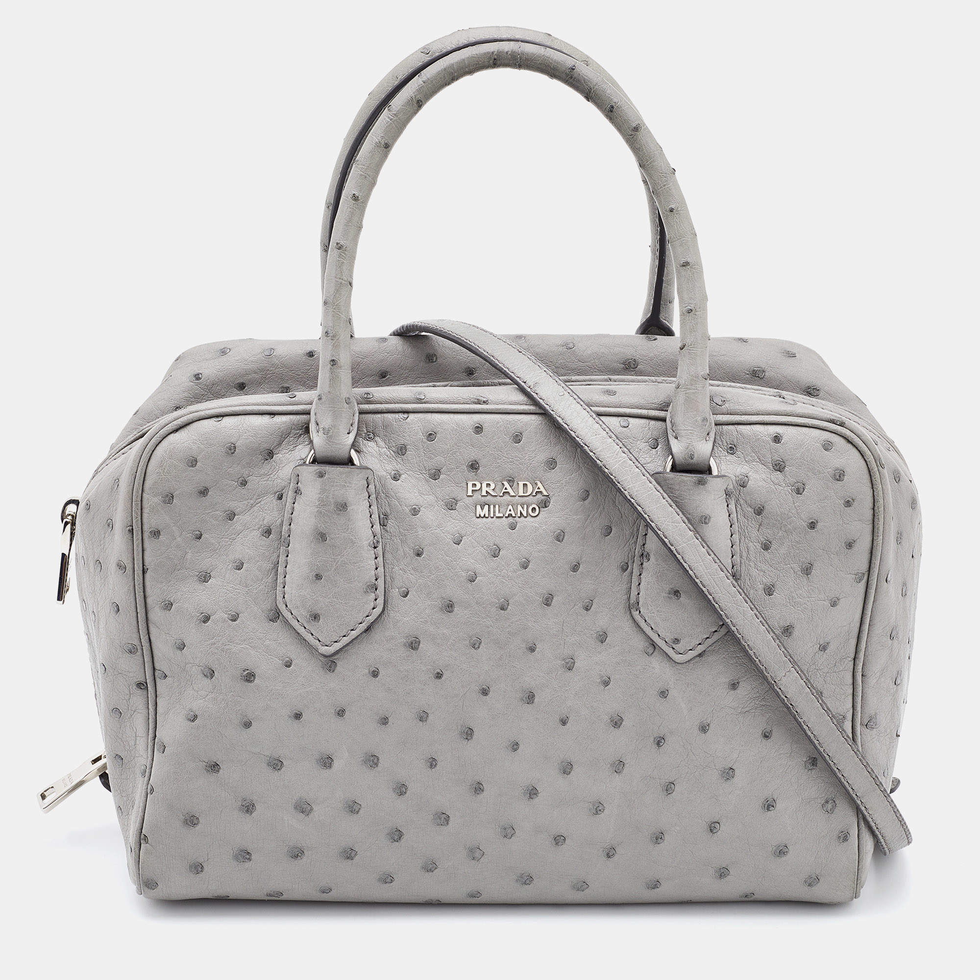 Pre Owned Prada Grey Ostrich Leather Bauletto Bag