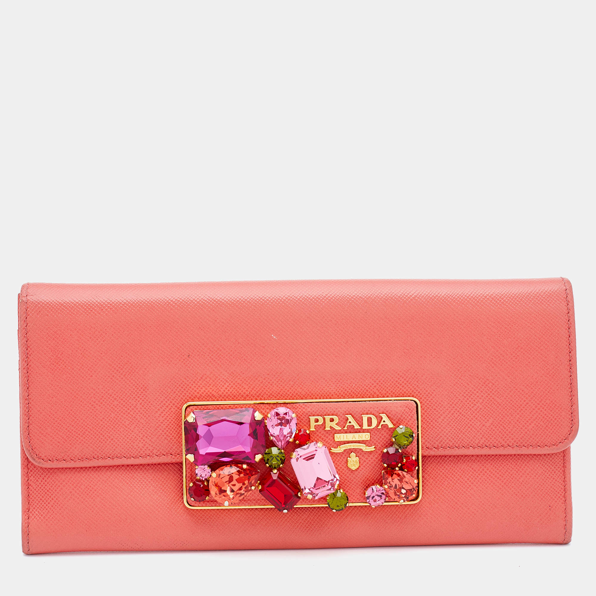 Pre Owned Prada Coral Leather Crystal Embellished Continental Wallet