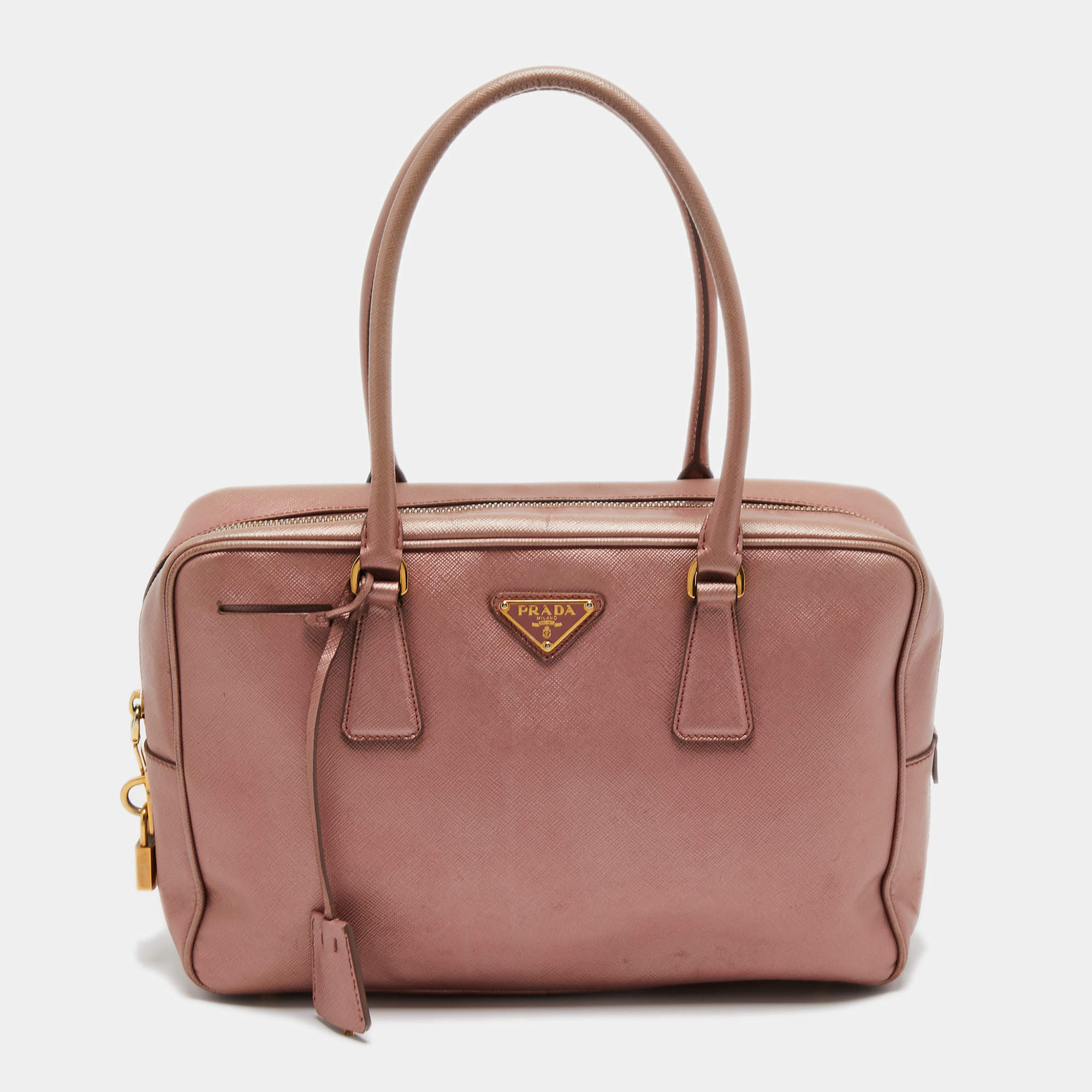 Pre Owned Prada Metallic Pink Saffiano Leather Bauletto Satchel