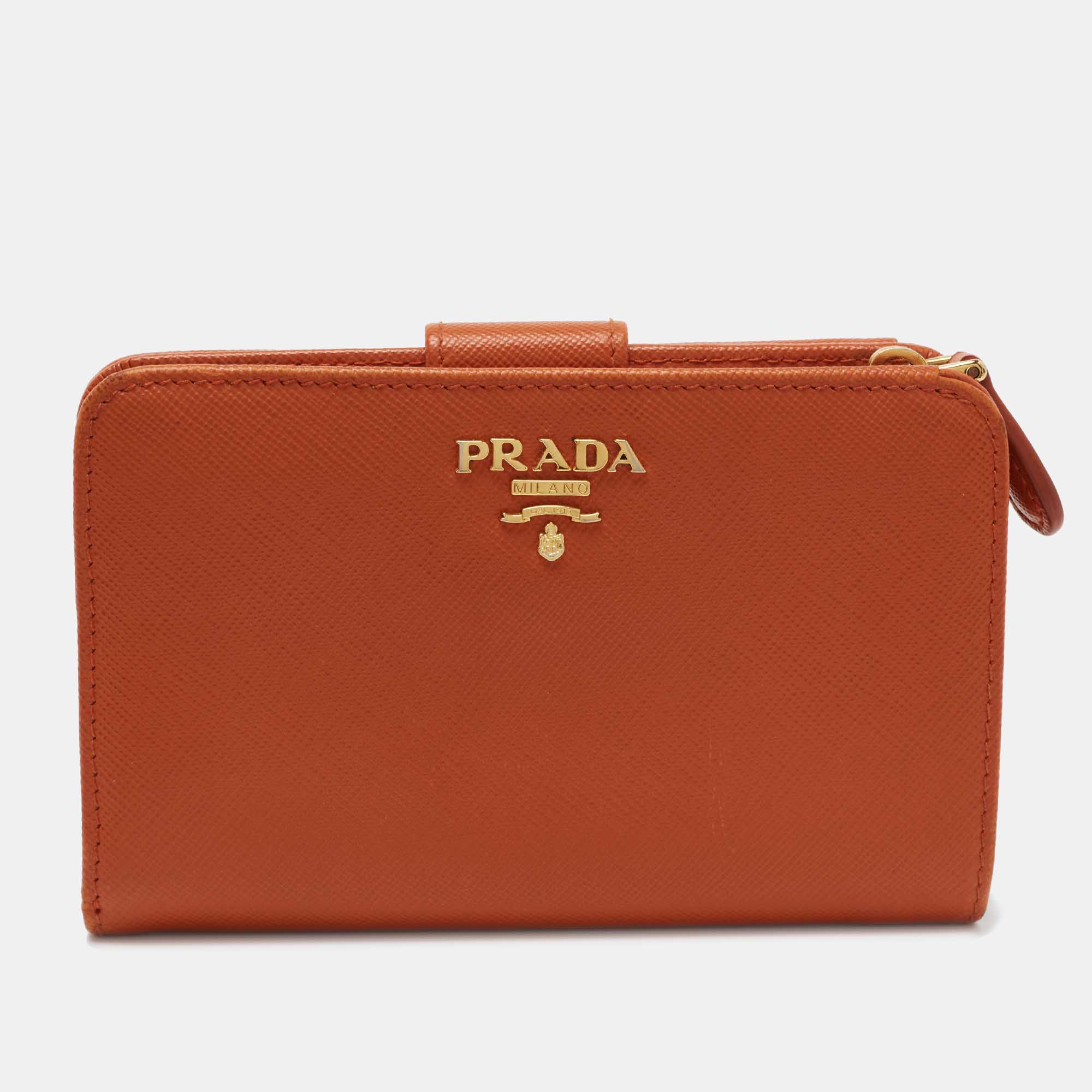 Pre Owned Prada Orange Saffiano Lux Leather French Wallet