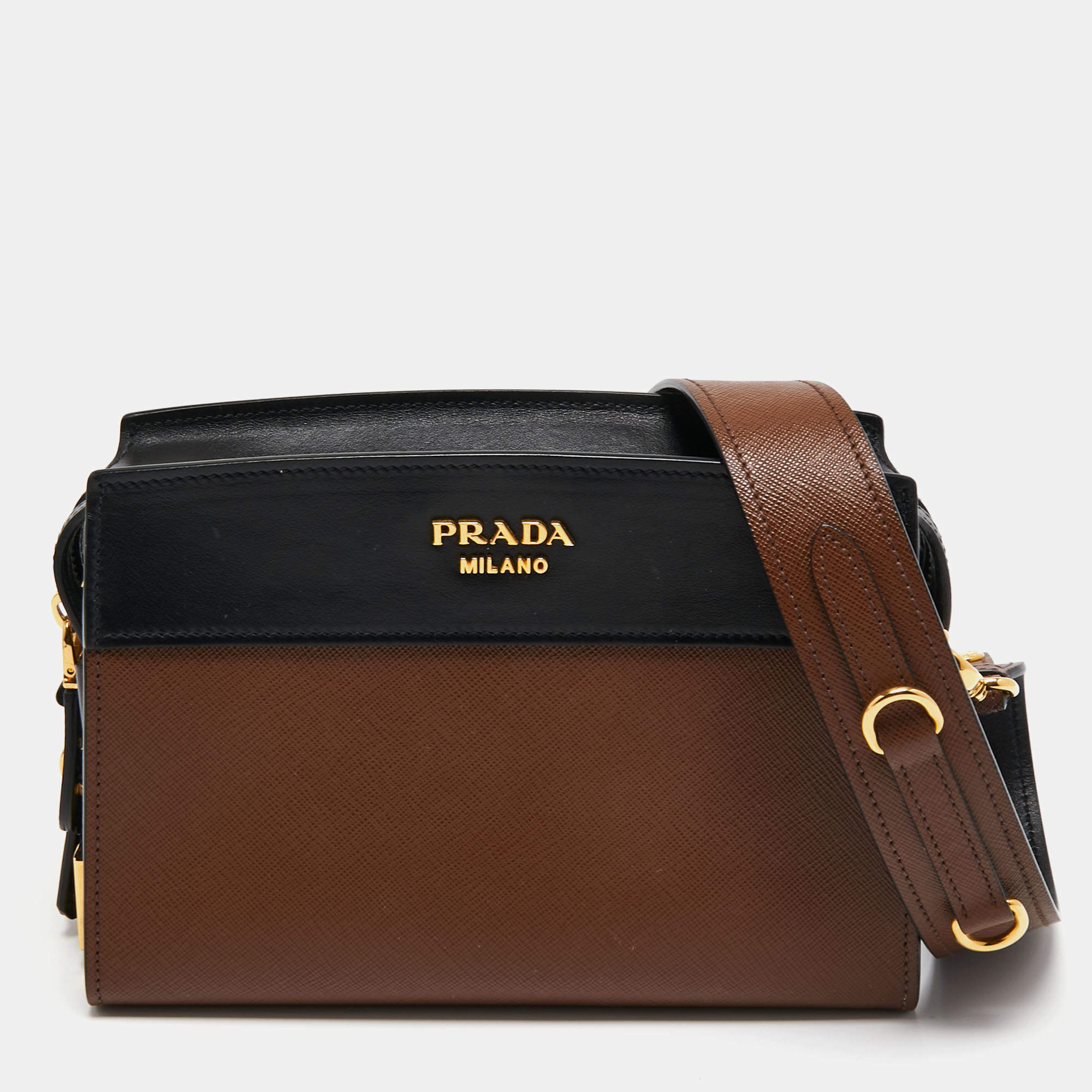 Pre Owned Prada Brown/Black Saffiano Lux and City Leather Esplanade Crossbody Bag