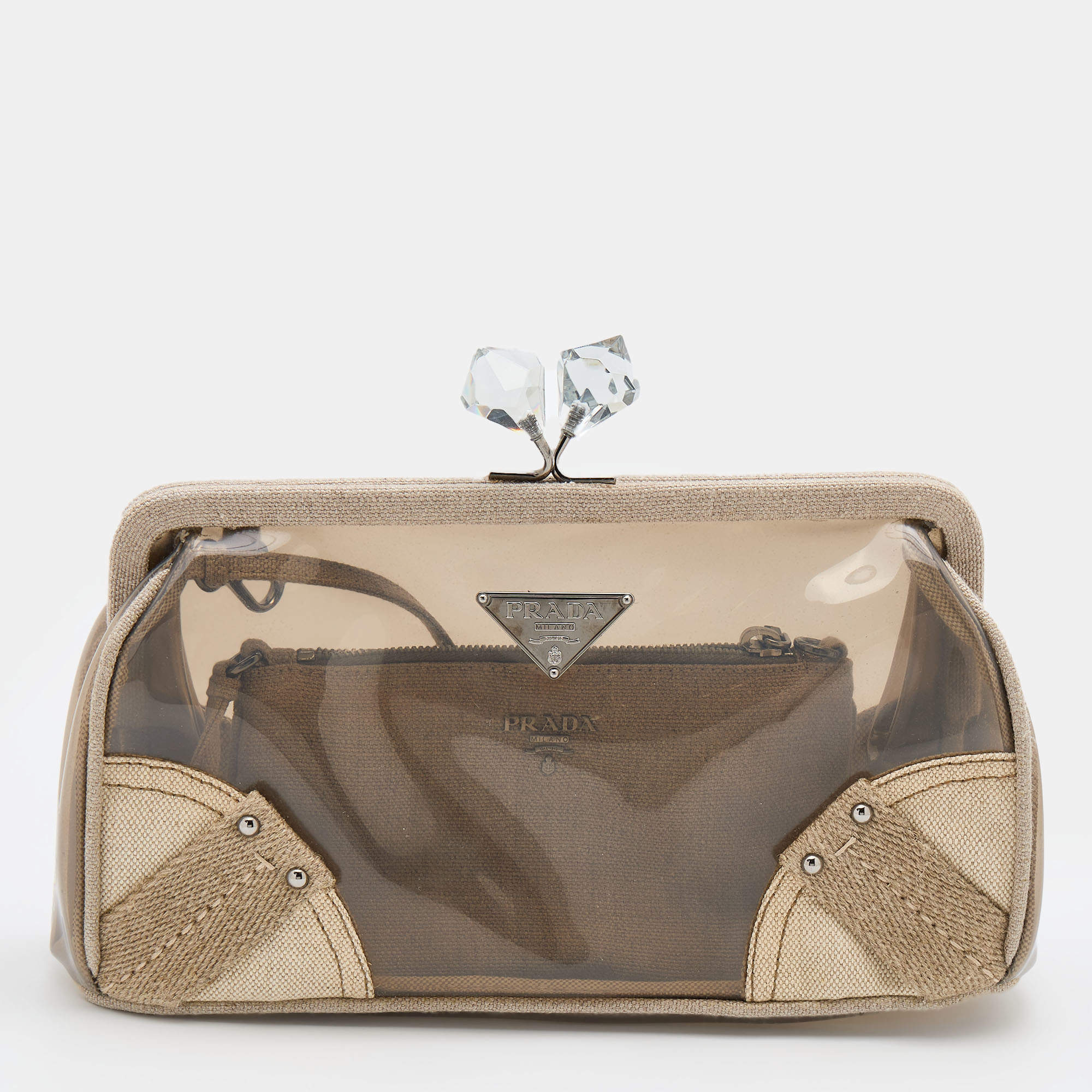 Prada Transparent/Grey Canvas and PVC Kisslock Clutch